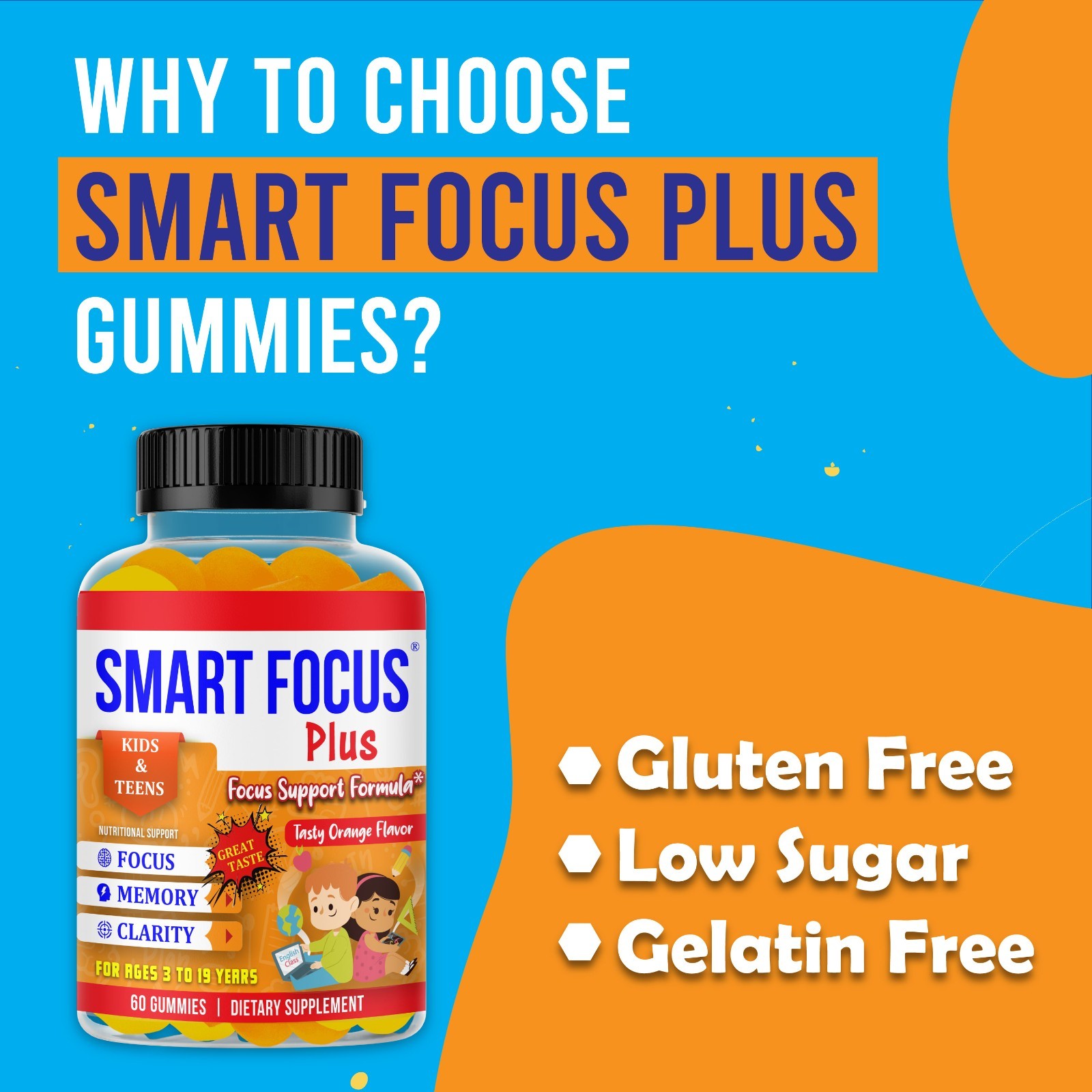 Smart Focus Gummy for Kids & Teens with DHA Omega 3 Brain & Memory Vitamins-60ct