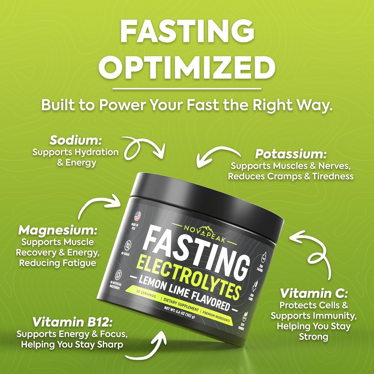 NovaPeak Fasting Electrolytes Powder – Lemon Lime Sugar Free Hydration – 30 Serv