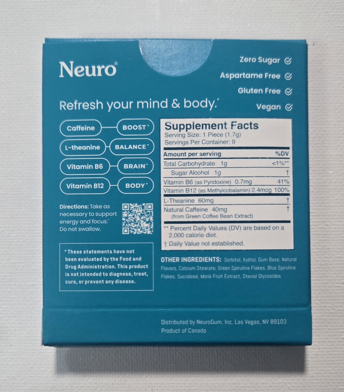Neuro Gum L-theanine B-12 Nootropics Caffeine 1pk 9 pcs WINTERGREEN