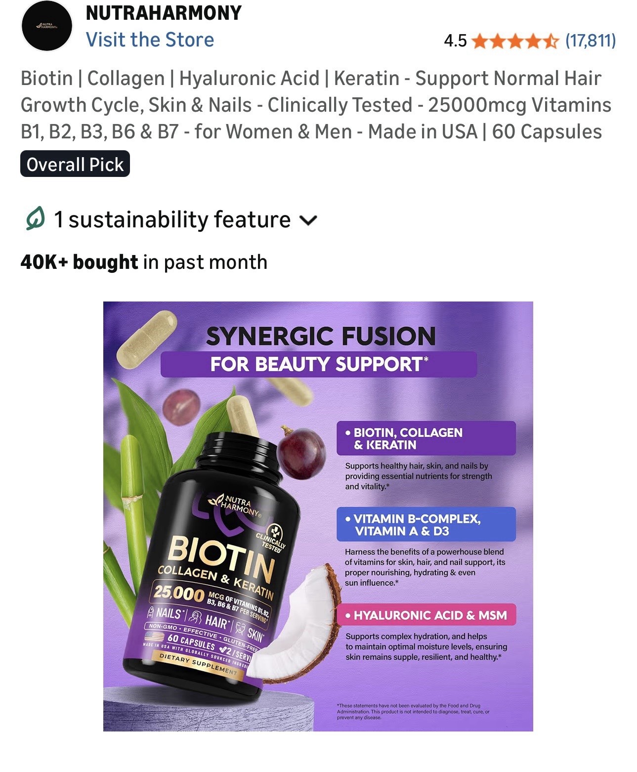NutraHarmony Biotin Collagen Keratin Hyaluronic Acid 25000mcg 60 Capsules