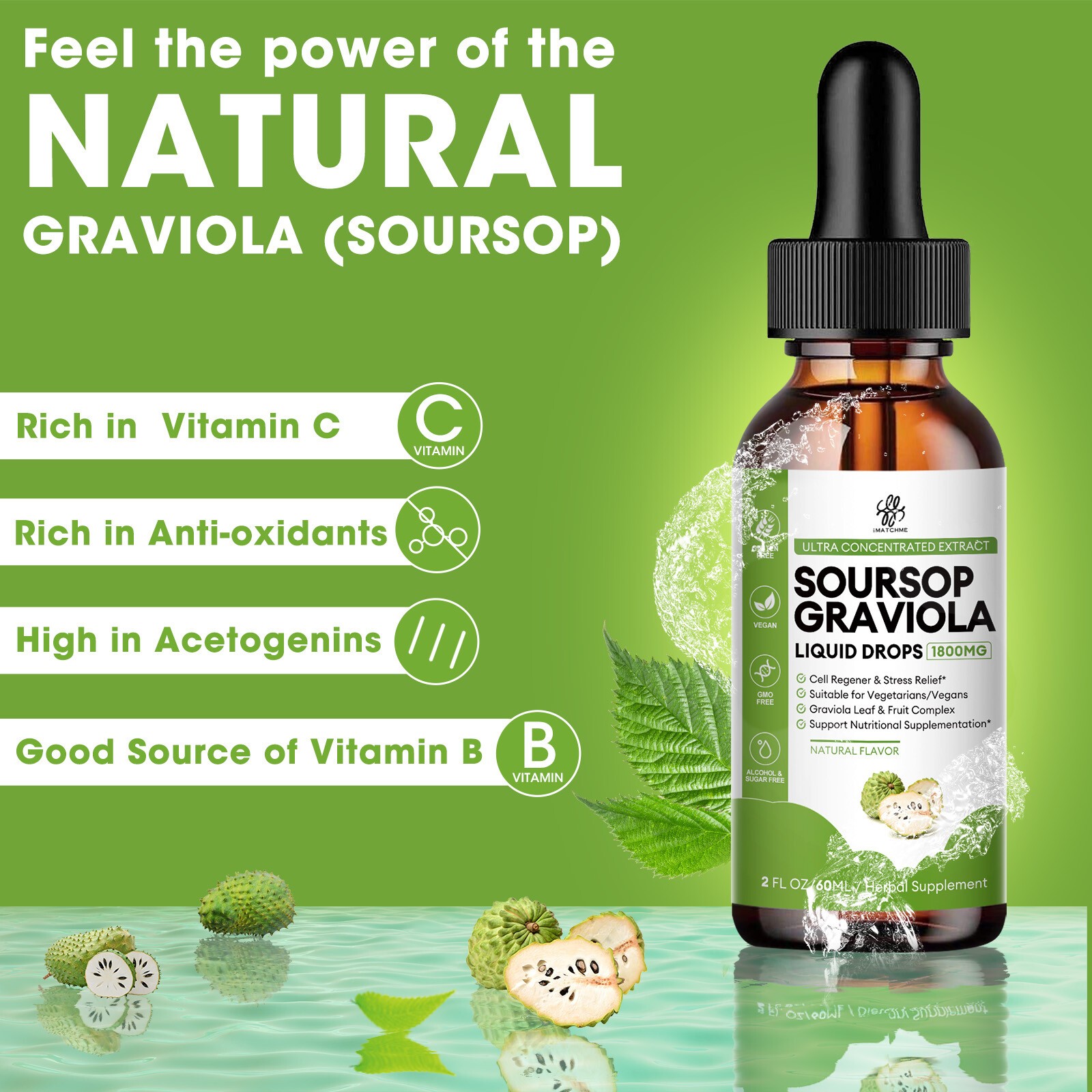Soursop Graviola Extract 1800Mg Vegan Liquid Drop Annona Muricata Non-GMO 60ML