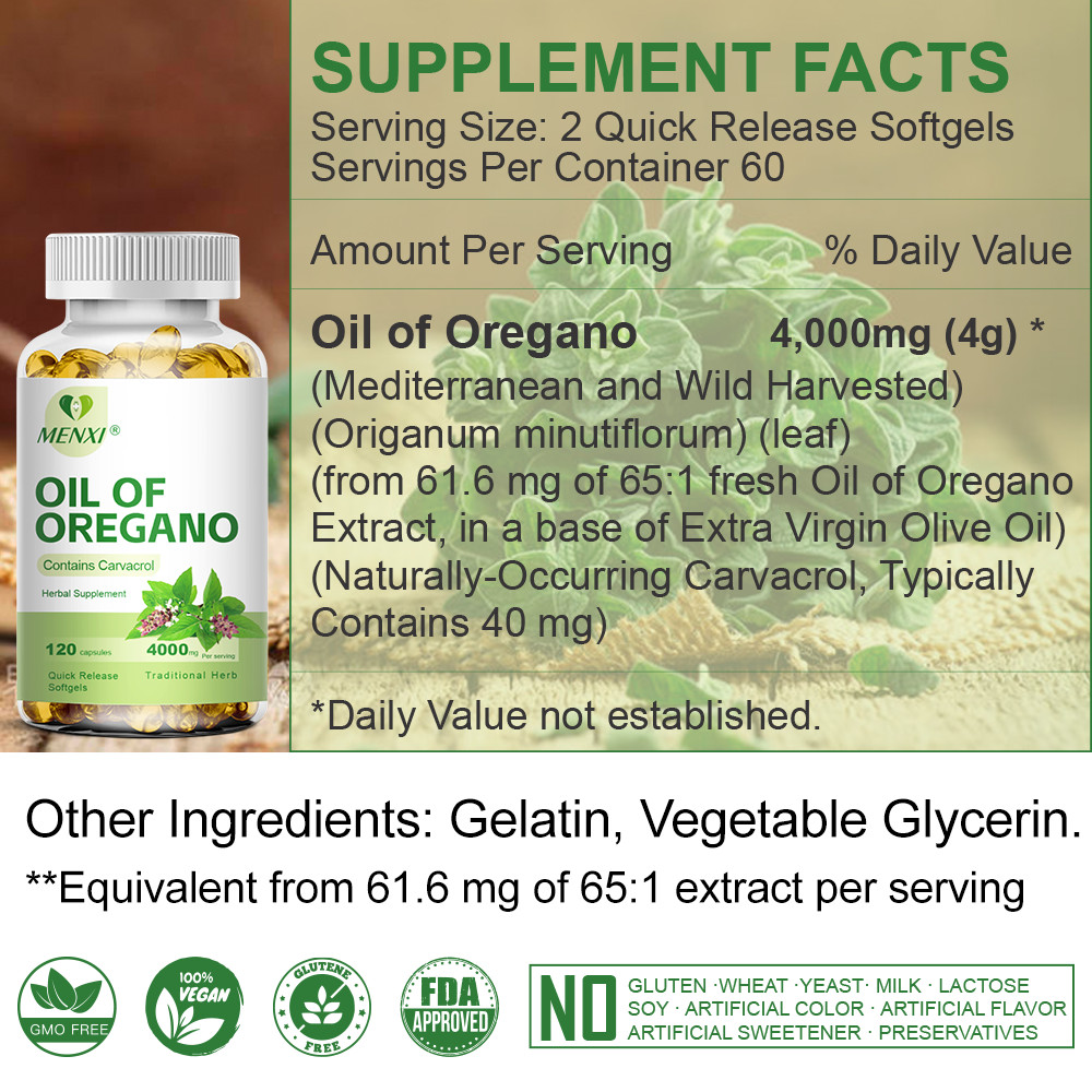 MENXI Oregano Oil Premium Formula Organic Extract 120 Softgels Immune Support