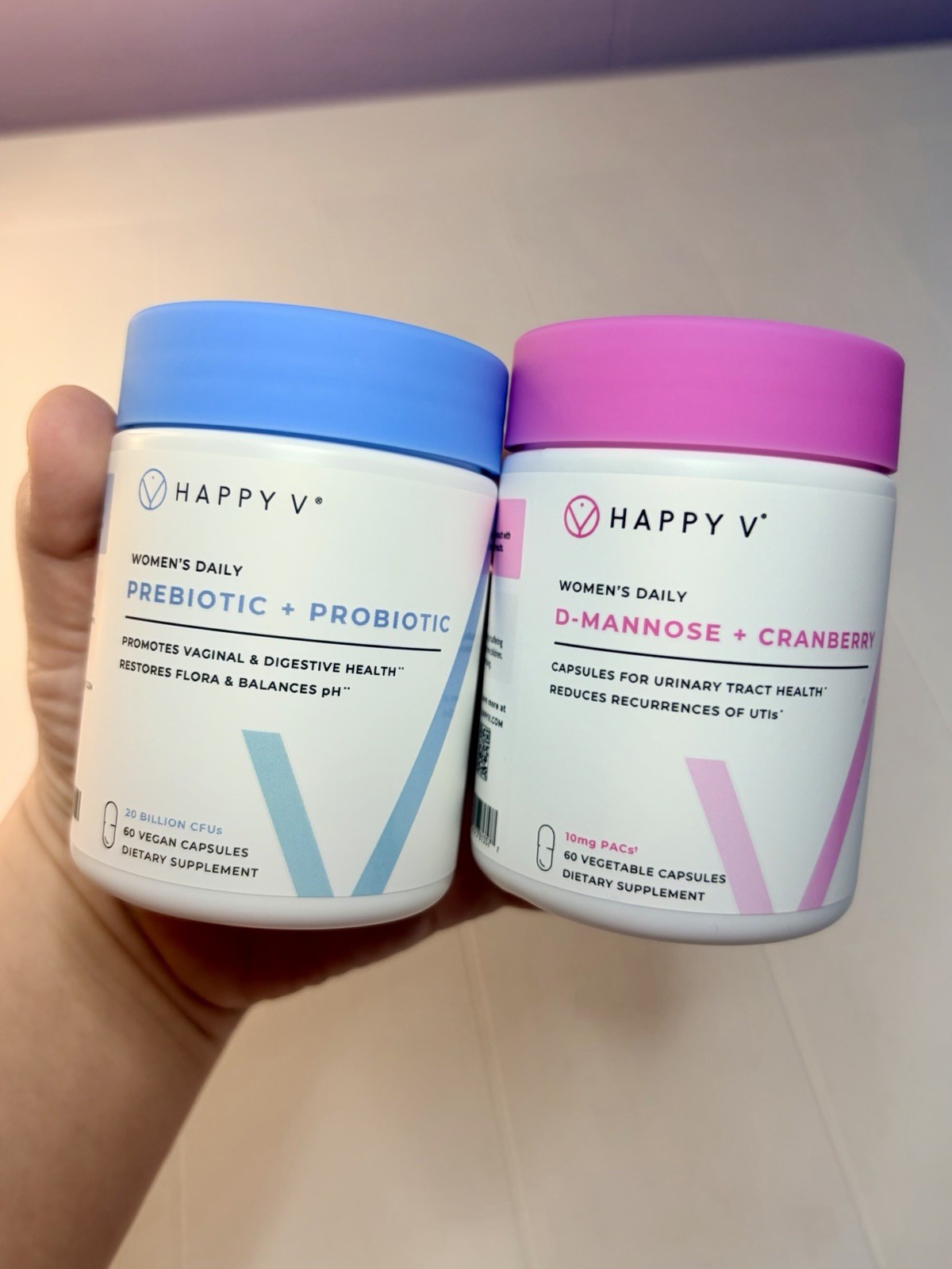 HAPPY V Women’s Daily Prebiotic + Probiotic D-Mannose Cranberry Vegan 60 ct