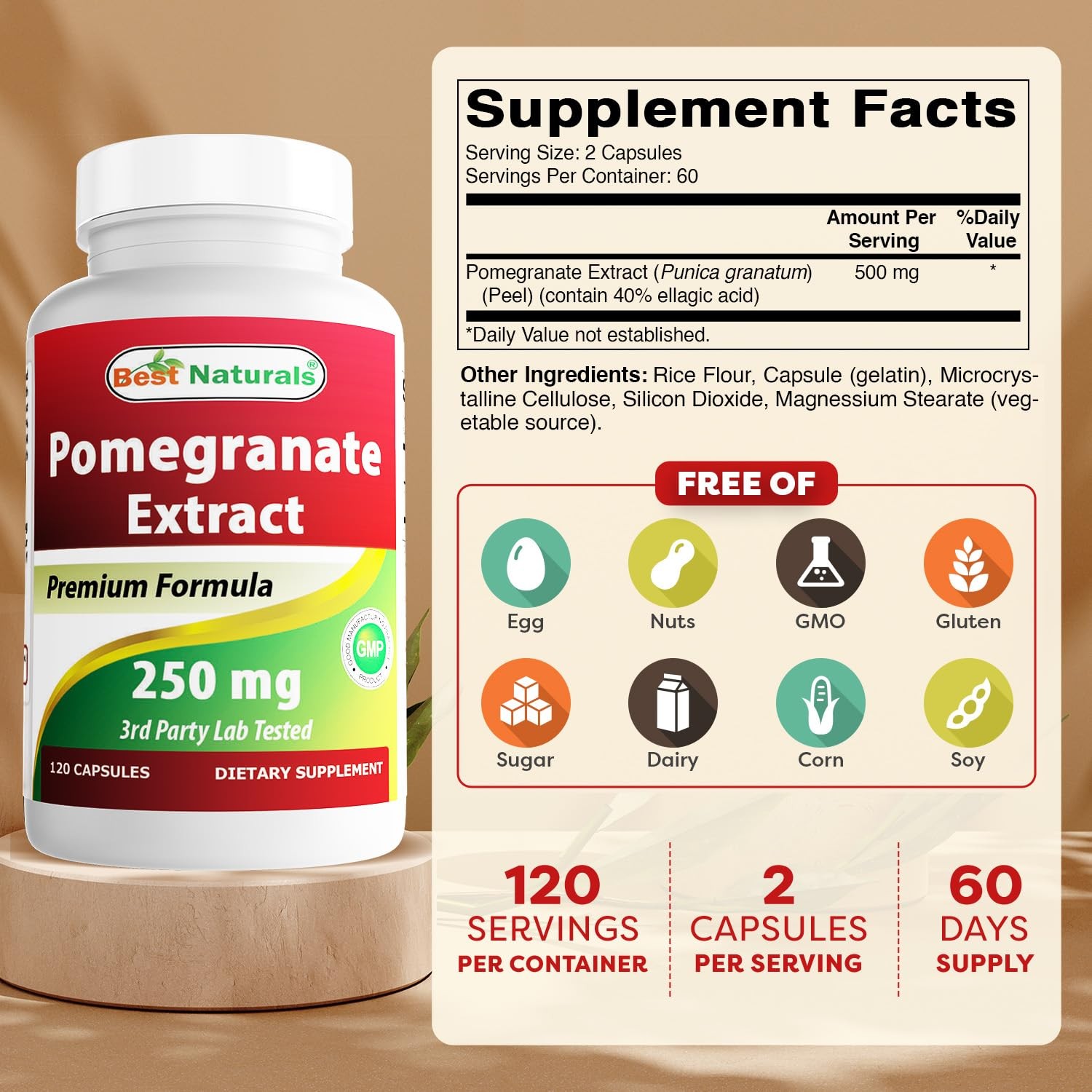 Best Naturals Pomegranate Extract 250 mg 120 Capsules 120 Count (Pack of 1)