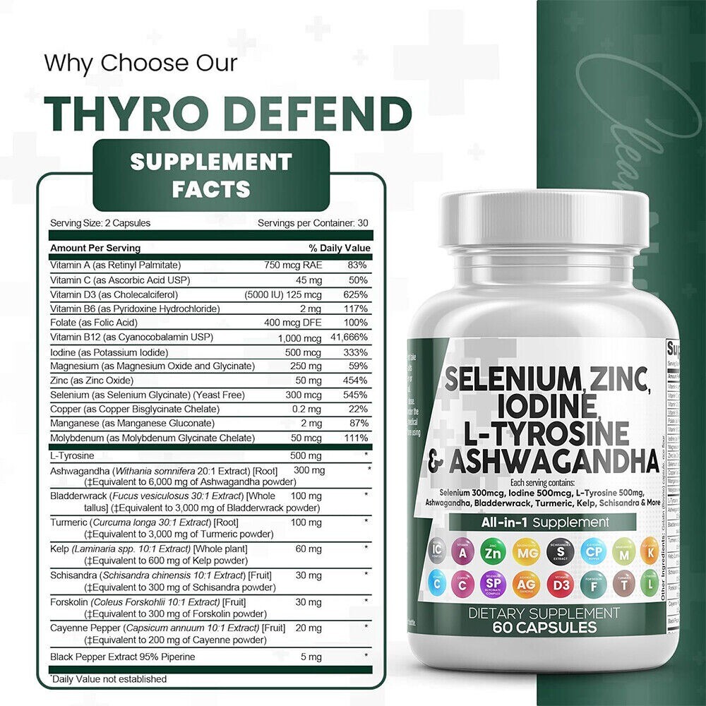 Selenium, Zinc, Iodine L-Tyrosine and Ashwagand All-in-One 60 Capsules