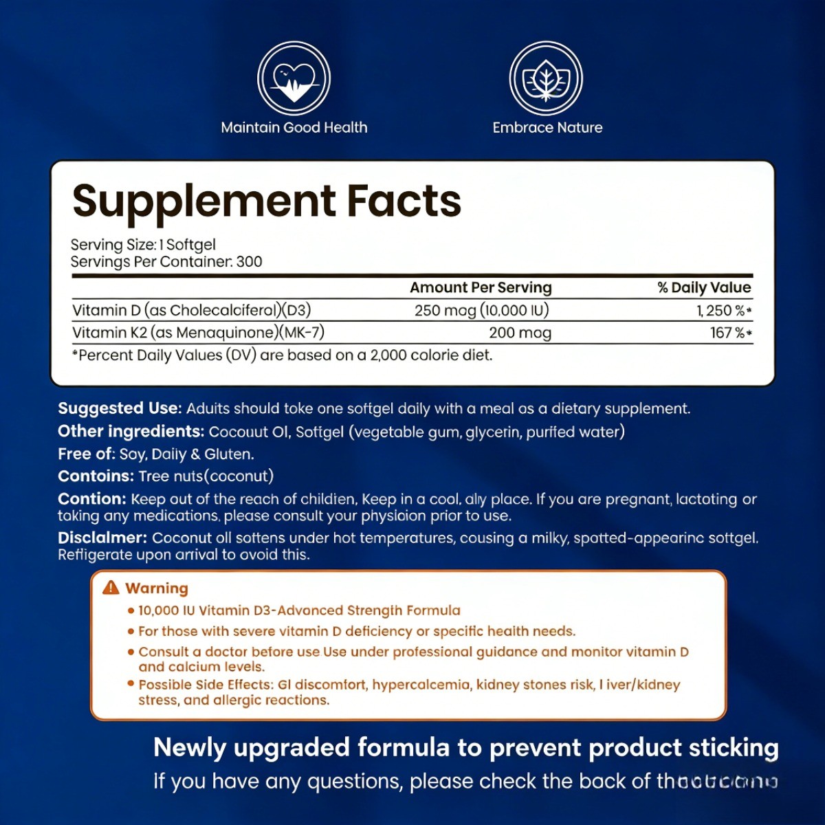 VEV Vitamin D3 & K2 10000 IU.300 Coconut Oil Softgels, 2-in-1