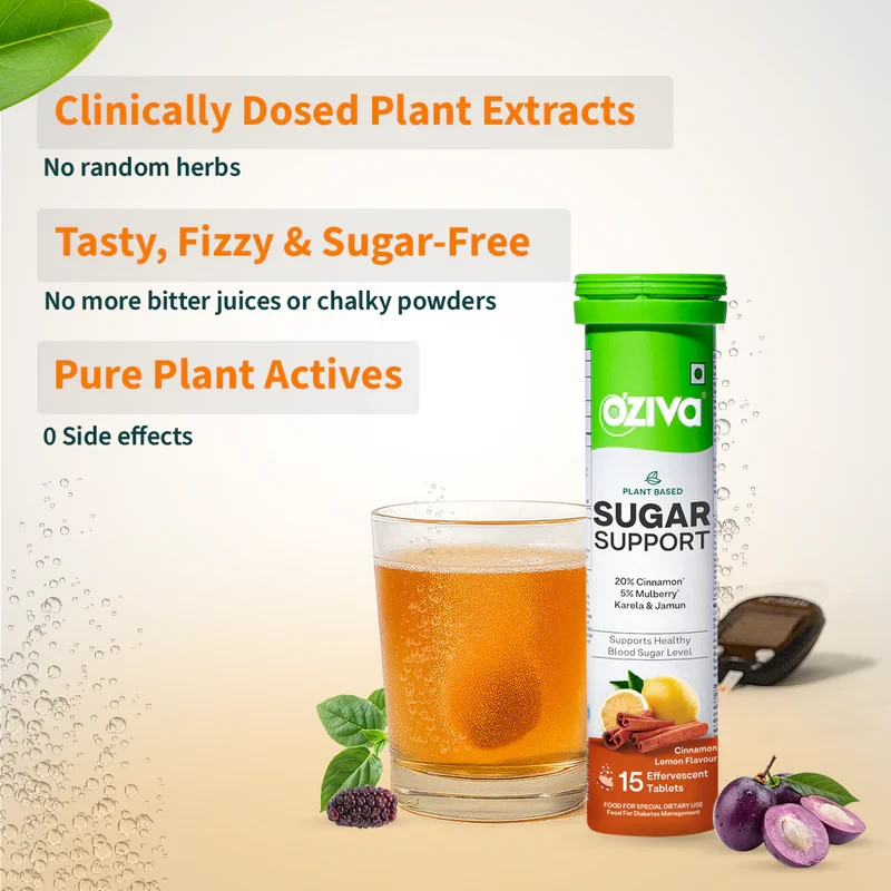 OZiva Plant Based Sugar Support Effervescent With Reducose, 15 Tablets