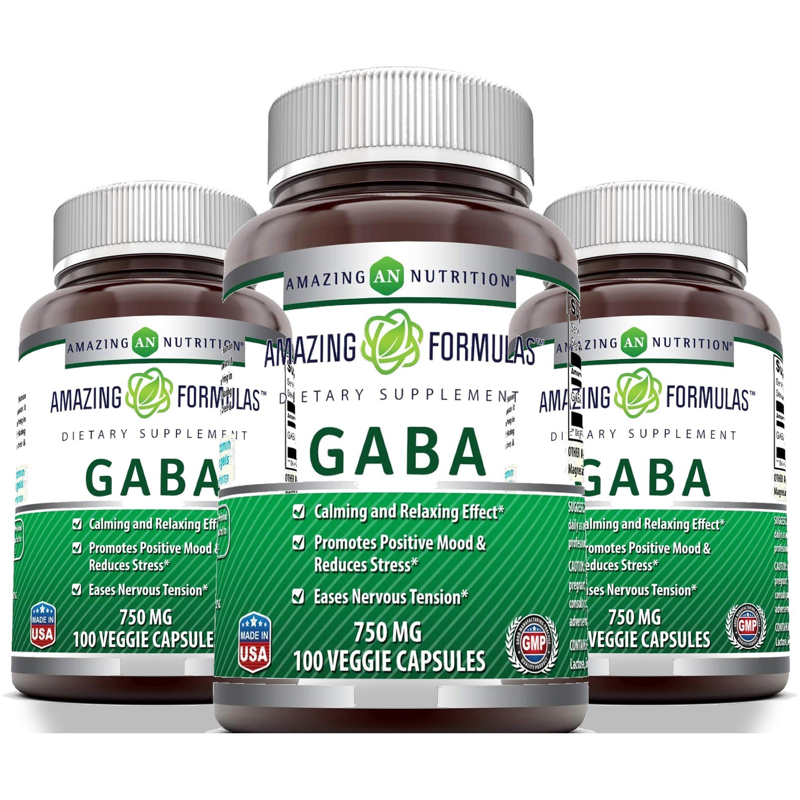 Amazing Nutrition Formulas Gaba 750 Mg 100 Veggie Capsules Supplement 3 Pack