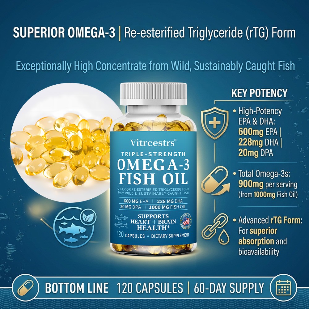Triple Strength Omega-3 Fish Oil rTG – 900mg EPA/DHA/DPA for Heart&Brain Health