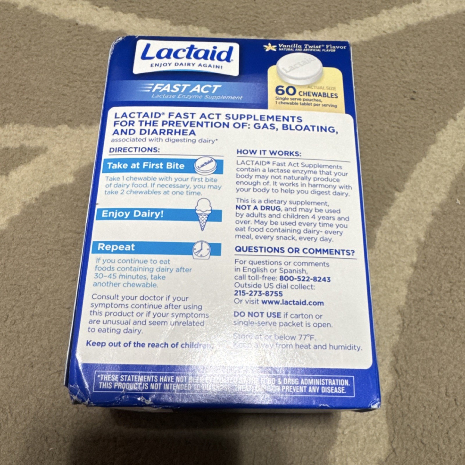 Lactaid Fast Act Lactase Enzyme Vanilla Twist 60 Chewables EXP 03/2028