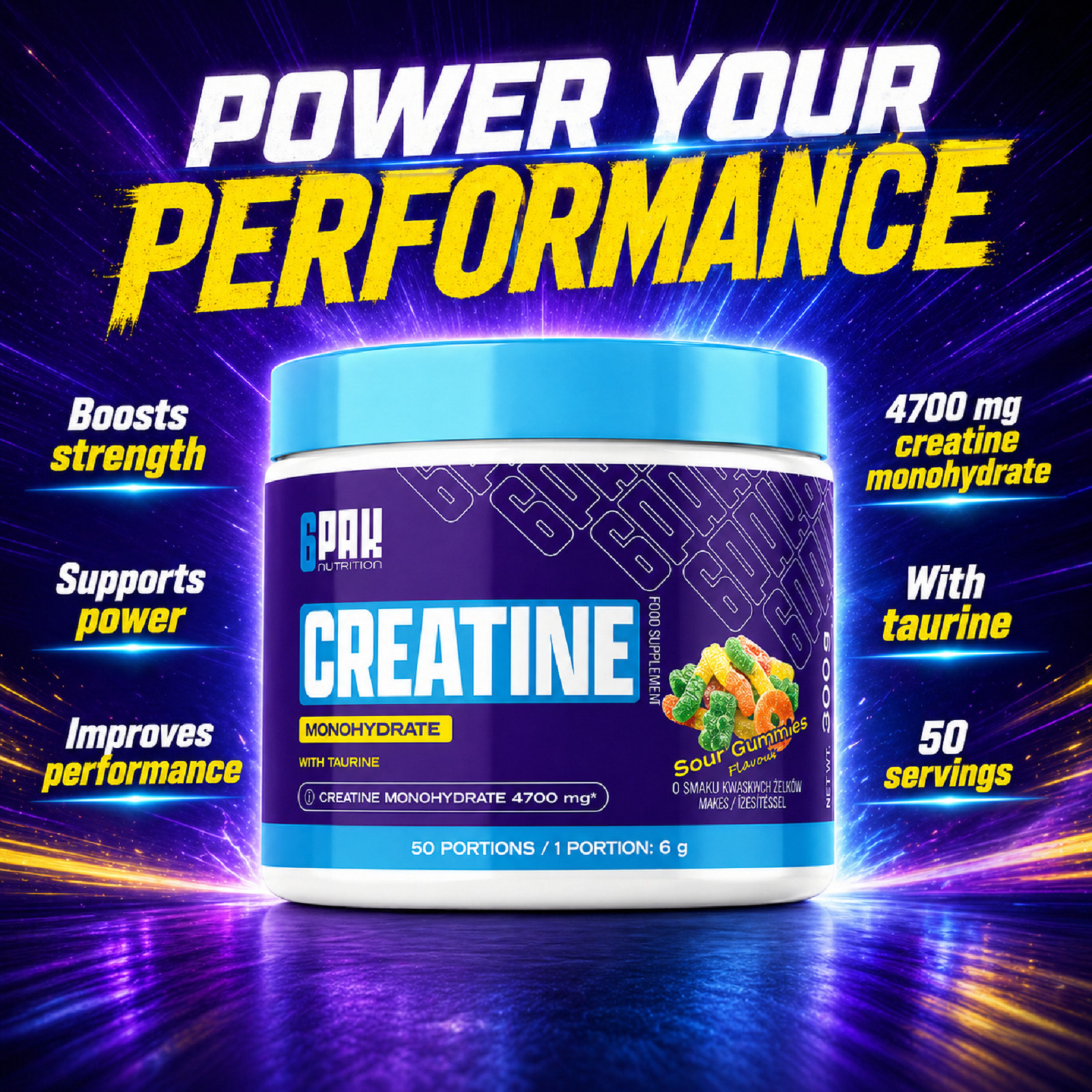 CREATINE – Powder 300g -Creatine monohydrate Taurine – 50 servings, 1 serving 6g