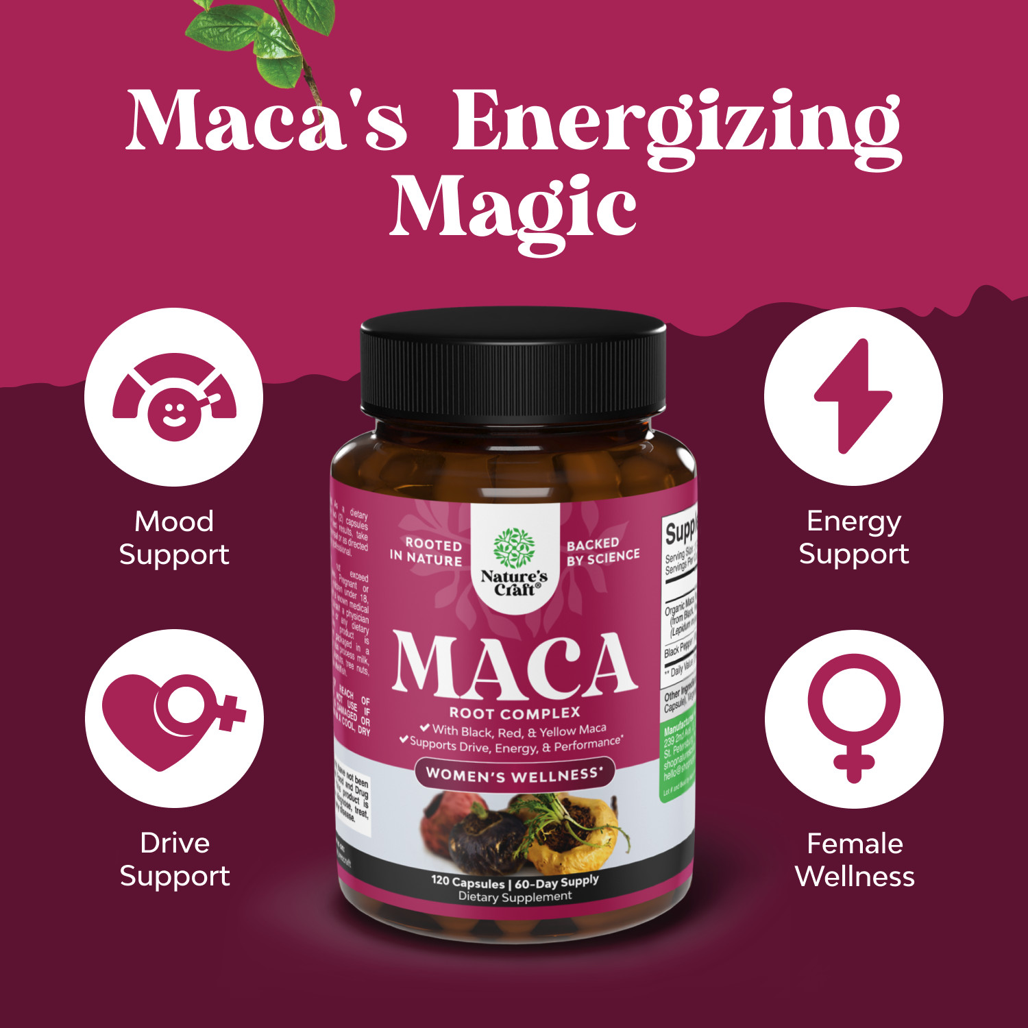 Organic Maca Root Capsules for Women – Potent Herbal Supplement 120ct