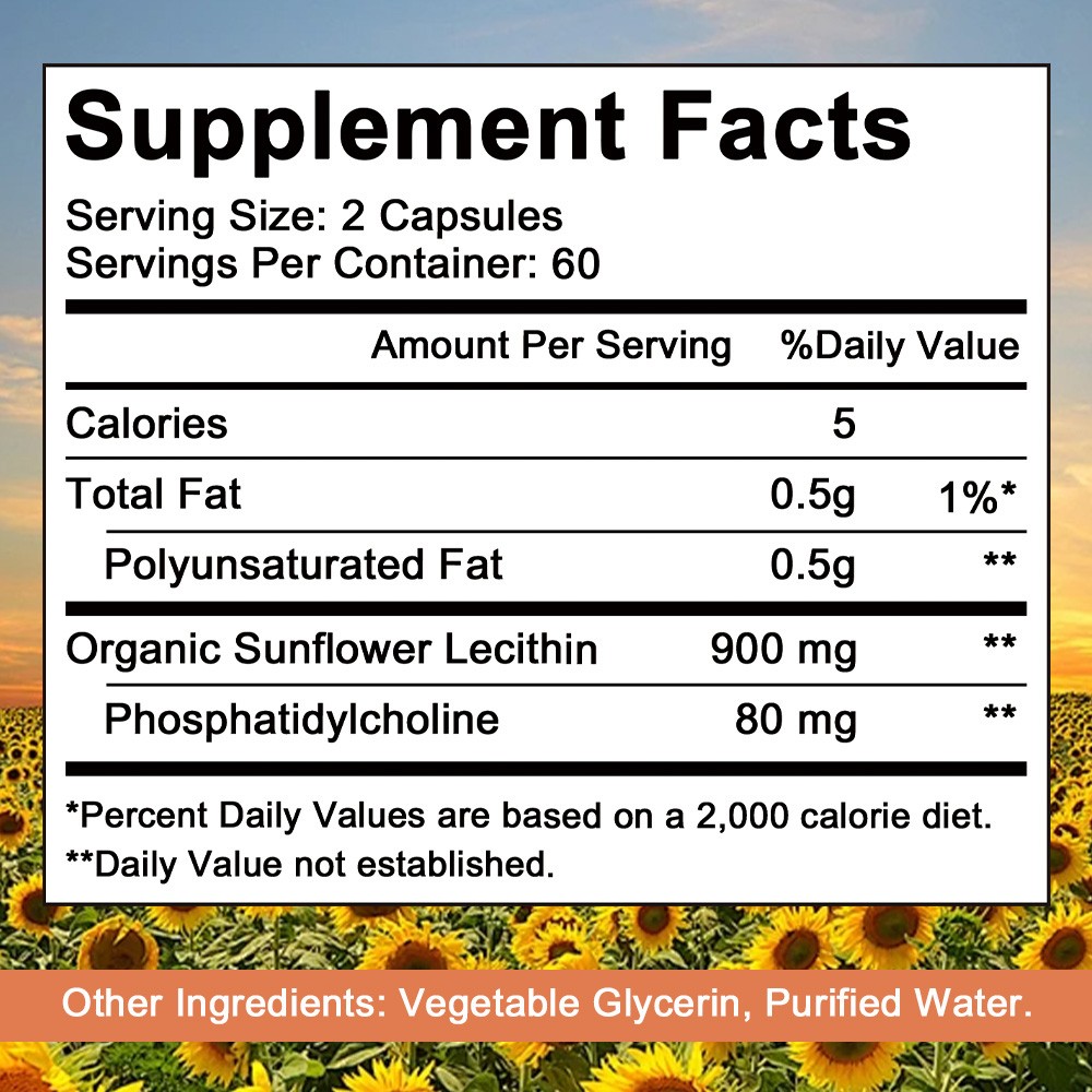 Sunflower Lecithin 900mg Capsules for Liver & Brain Health 30/60/120Caps
