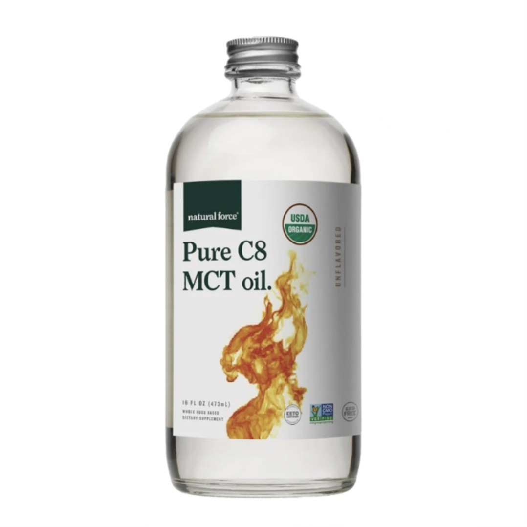 Natural Force Organic Pure C8 MCT Oil Liquid in Glass Bottle Container 16 Ounce