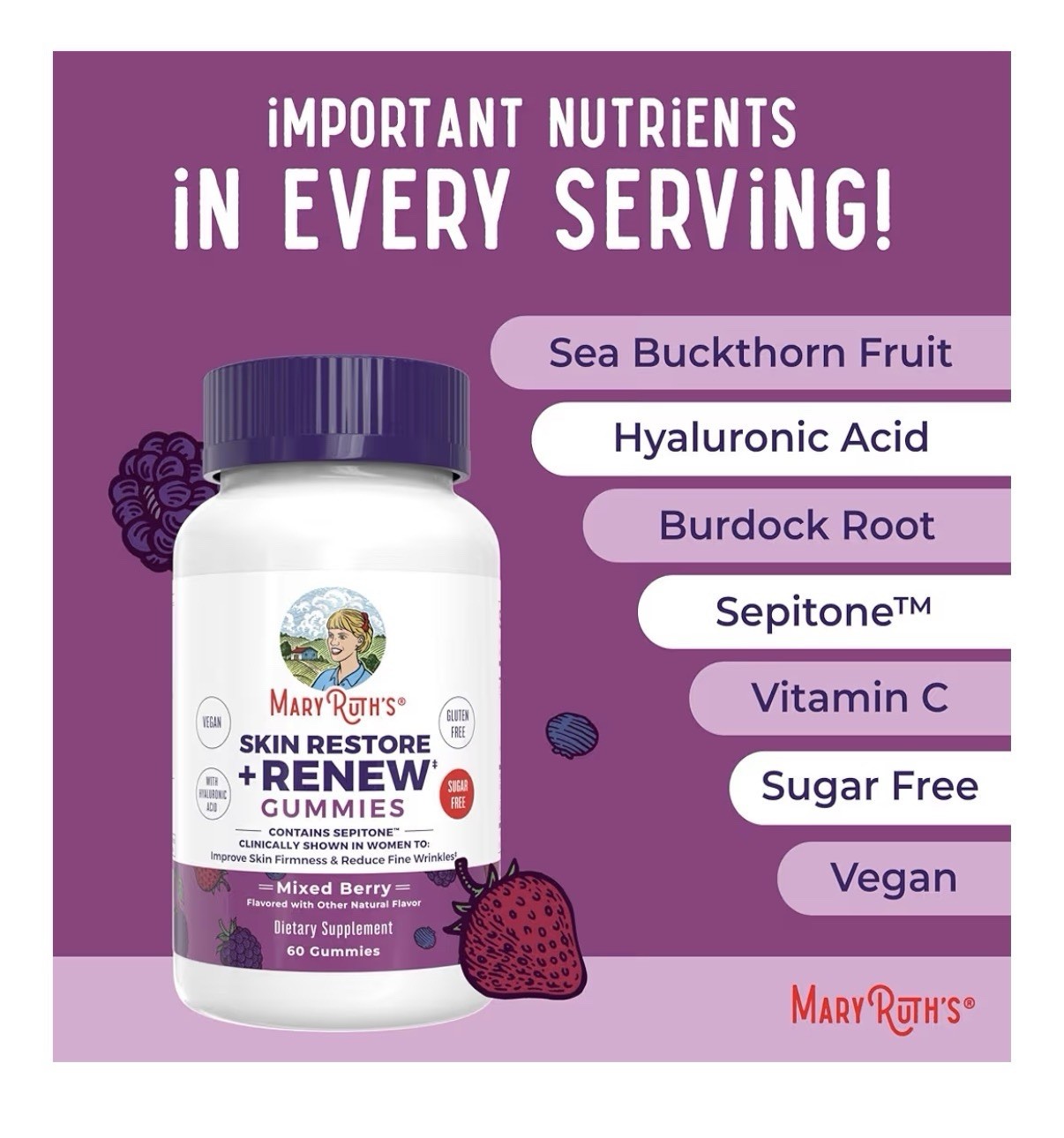 MaryRuth’s Skin Restore + Renew Gummies With Hyaluronic Acid Skin Hydration 60g