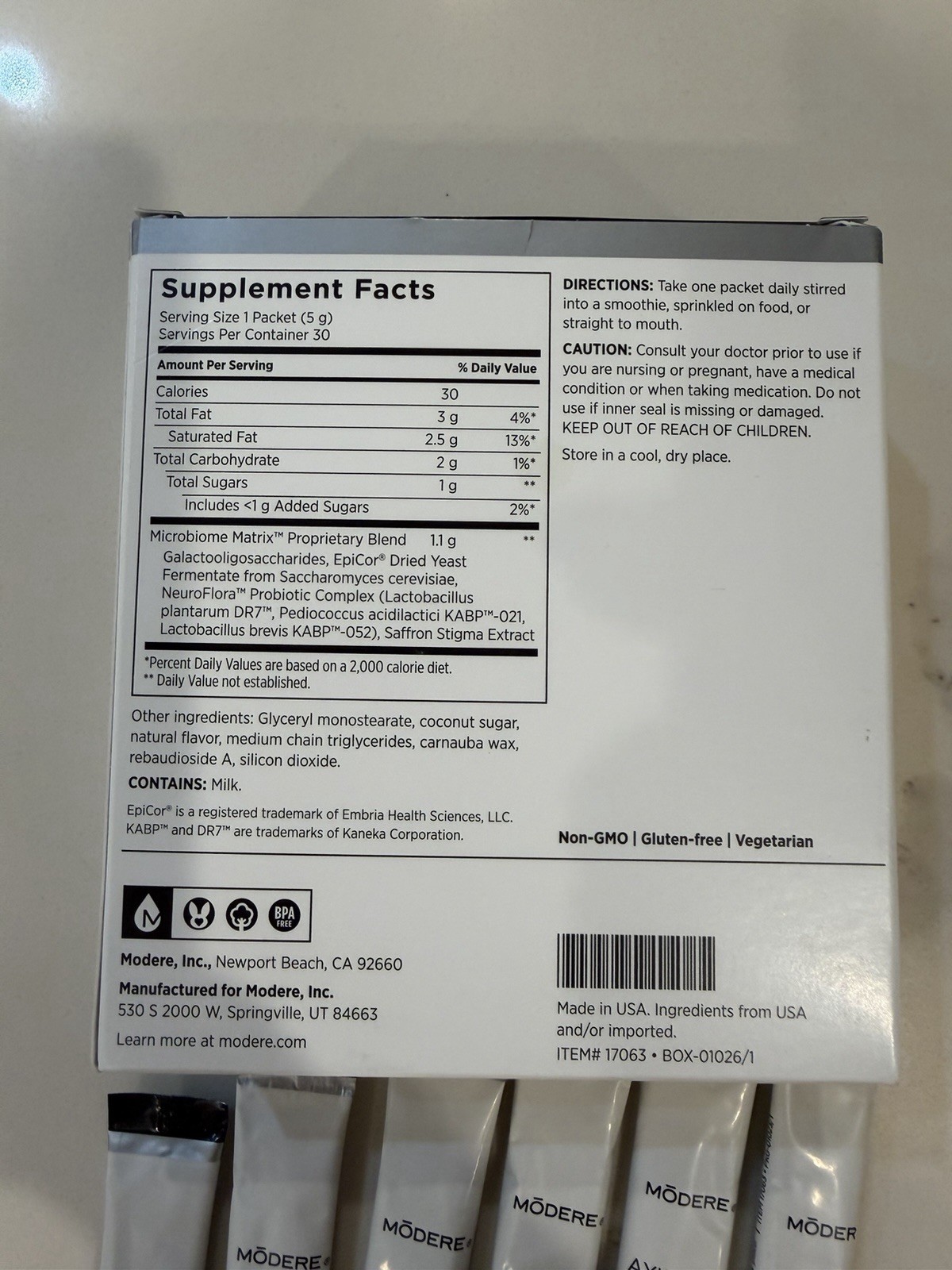 Modere Axis Trebiotic Pre/Pro/Postbiotic Chocolate 24 indiv Packets 5gNo Box