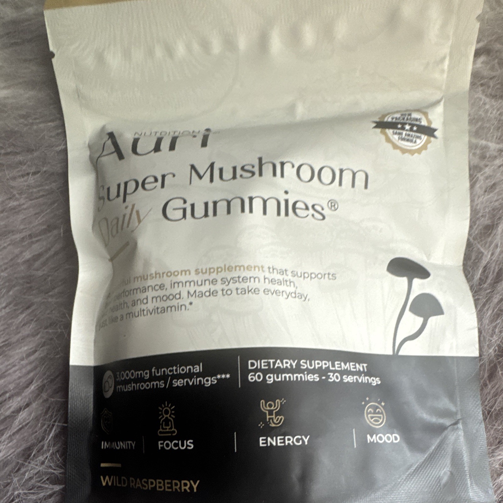 Auri Nutrition Super Mushroom Gummies Lion’s Mane Blend Wild Raspberry 60ct