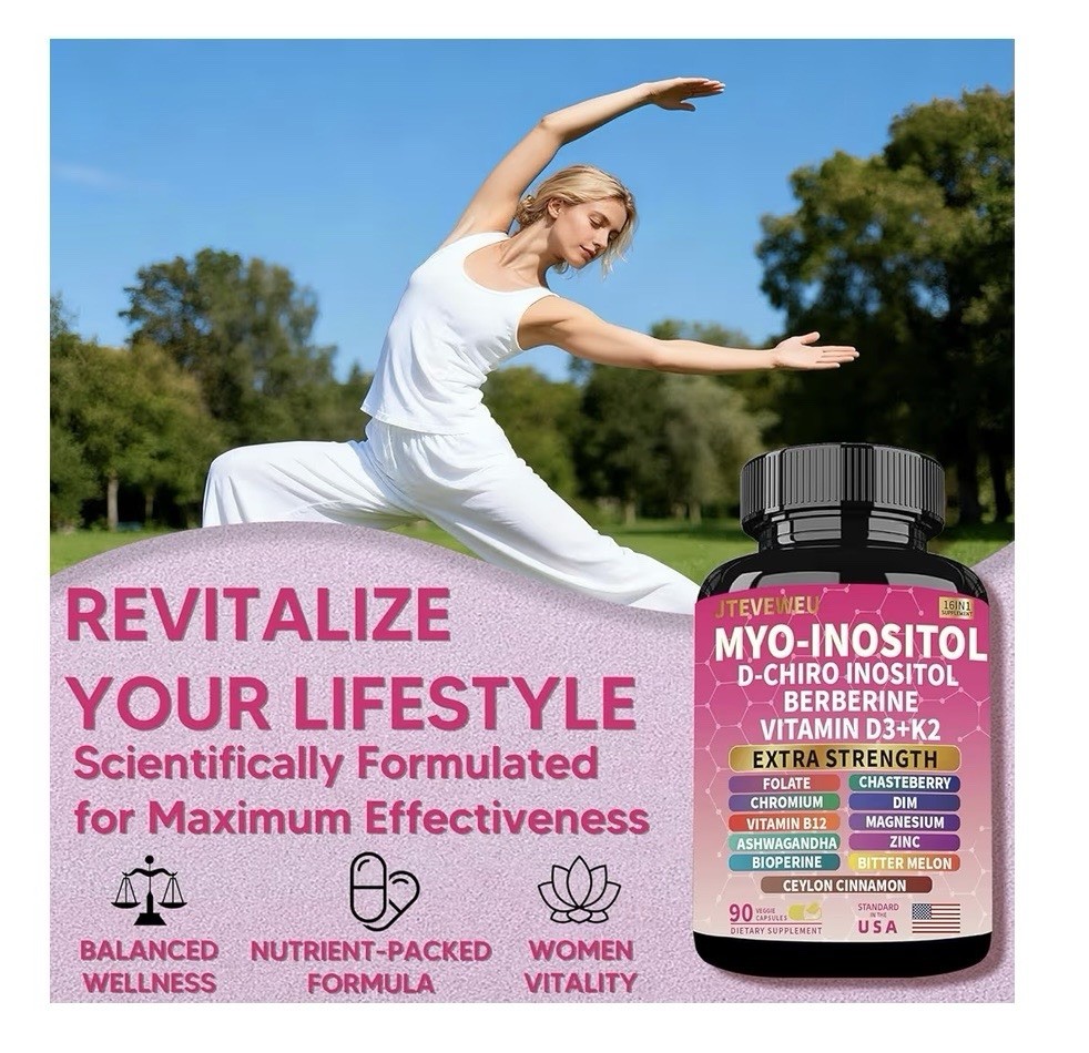 JTEVEWEU Myo-Inositol D-Chiro Inositol Berberine Vitamin D3 K2 90 Capsules Women
