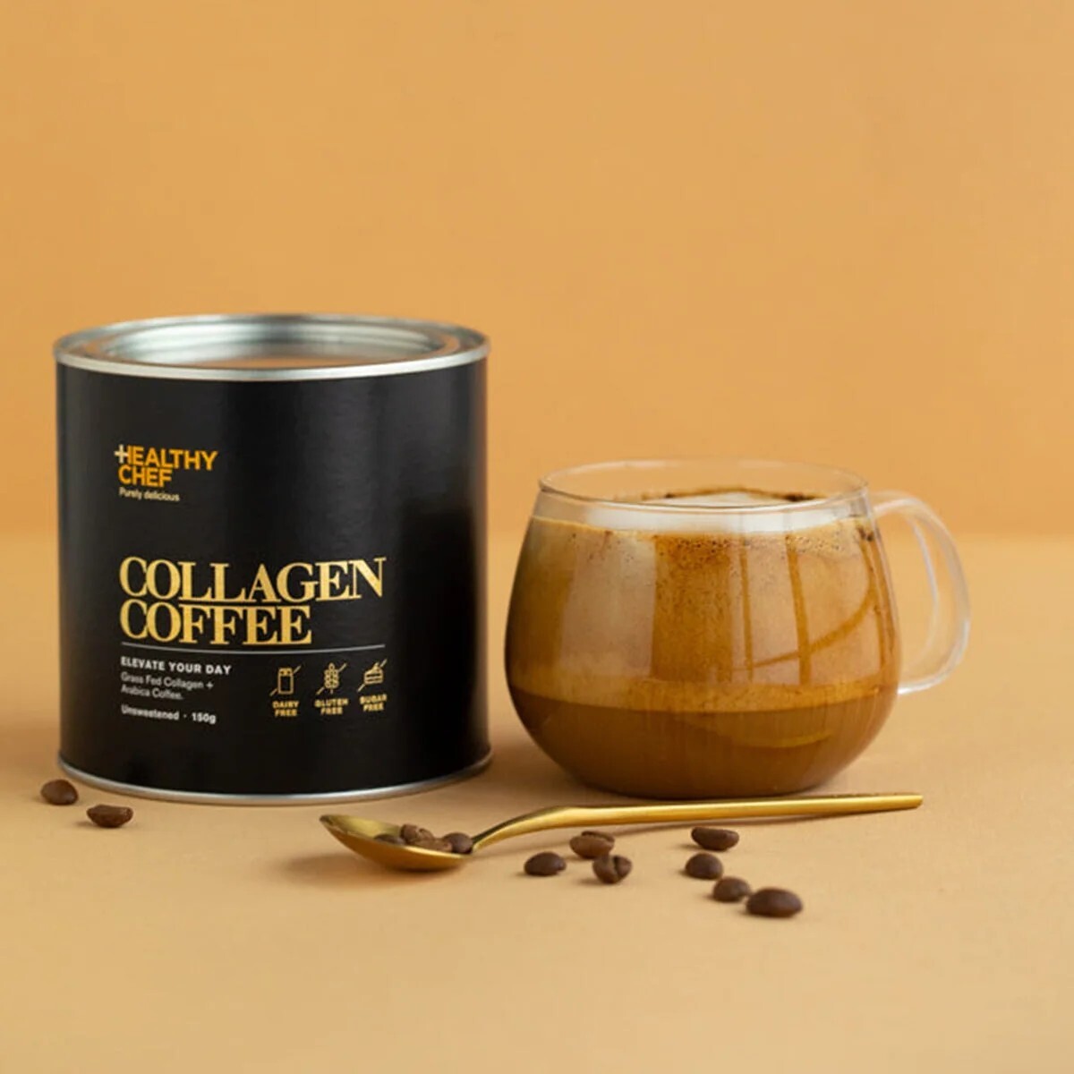 New The Healthy Chef Collagen Coffee Collagen + Arabica Coffee Unsweetened 150g