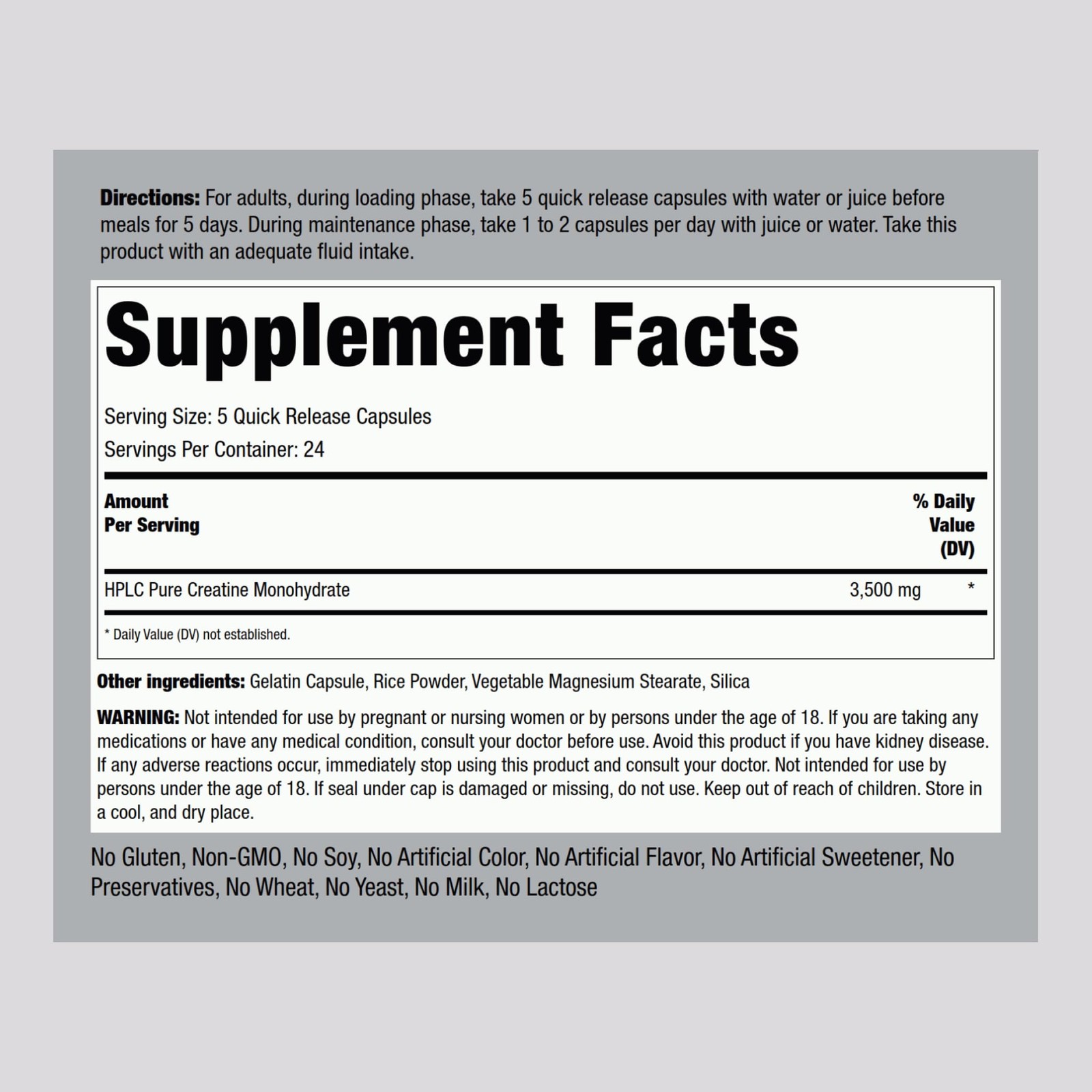 Piping Rock Creatine Monohydrate Capsules | 3500 120 Count (Pack of 1), White