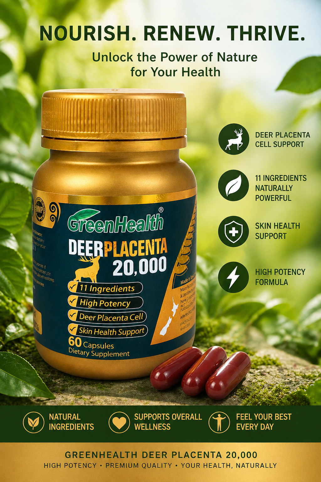 Green Health Deer Placenta Dietary Supplement – 60 Soft Gels