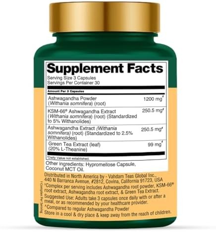 Ashwagandha Supplement 1800mg Root Extract L-Theanine 90 Capsules