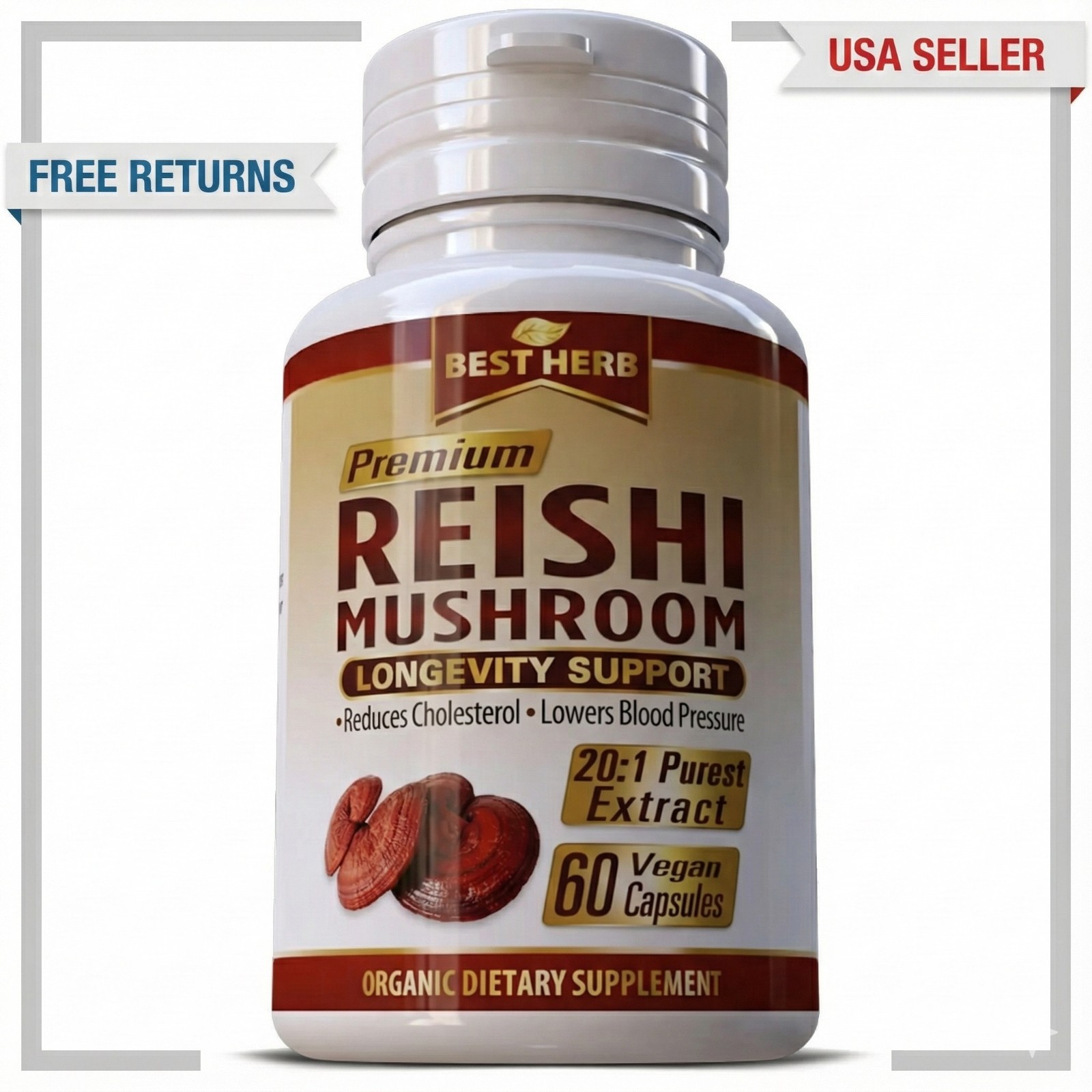 Pure Reishi Mushroom Natural Supplement Organic Pills Immune Health Max Support