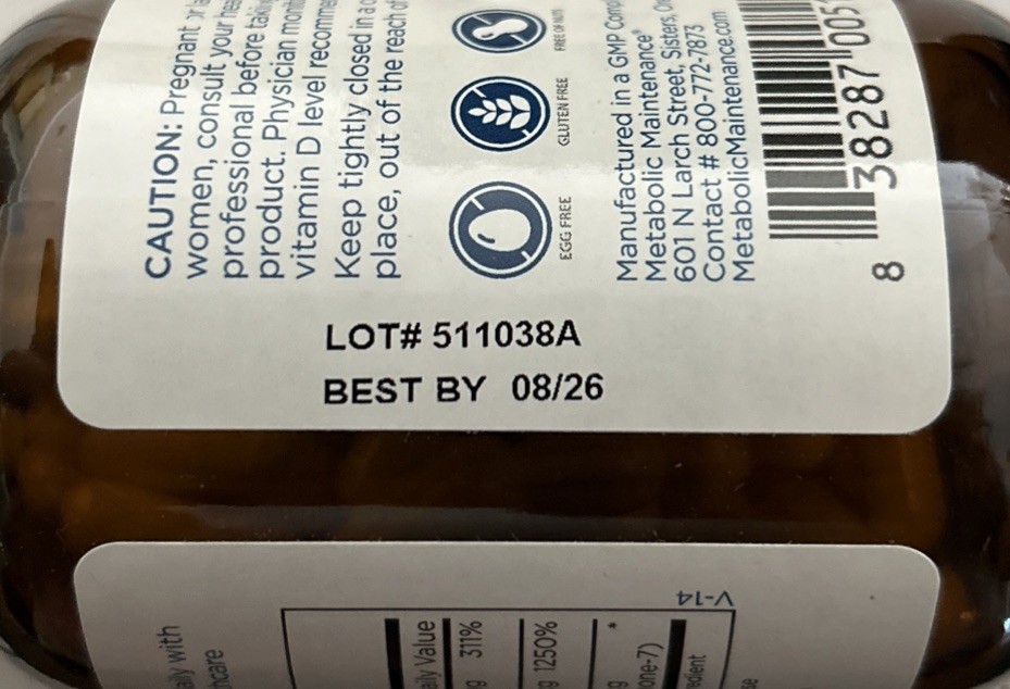 Metabolic Maintenance-Vitamin D3 25000 IU w/Vitamin K2 as Mk7 60 Caps Exp 08/26