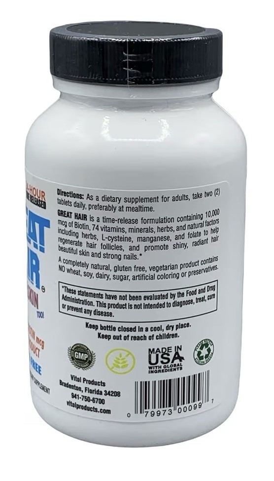 Vitol Great Hair Nails Skin 10,000 mcg Biotin Time Released 120Tablet Supplement
