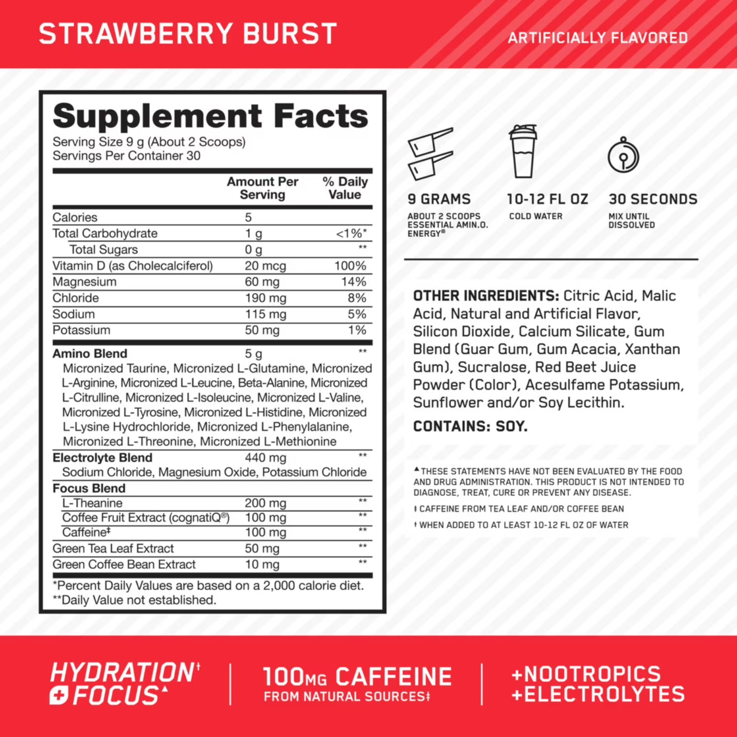 Optimum Nutrition Amino Energy + Electrolytes Strawberry Burst 30 Servings