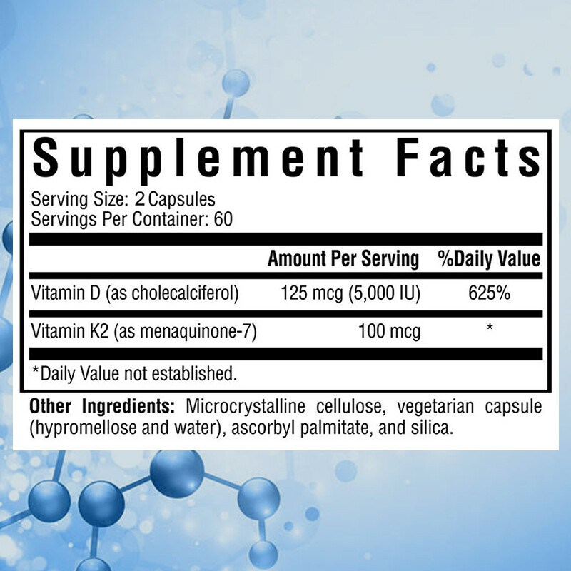 Vitamin K2 (100mcg) + Vitamin D3 (5000 IU) 30/60/120 Softgels – Gluten Free