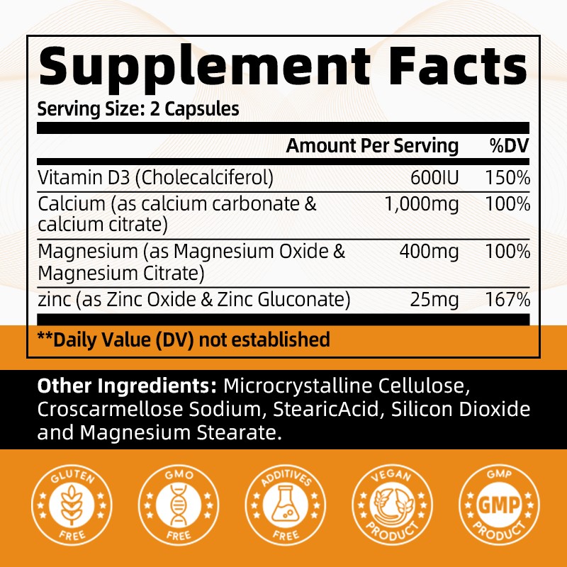 Calcium, Magnesium & Zinc Plus Vitamin D3 Capsules 1000MG Support Muscle Health