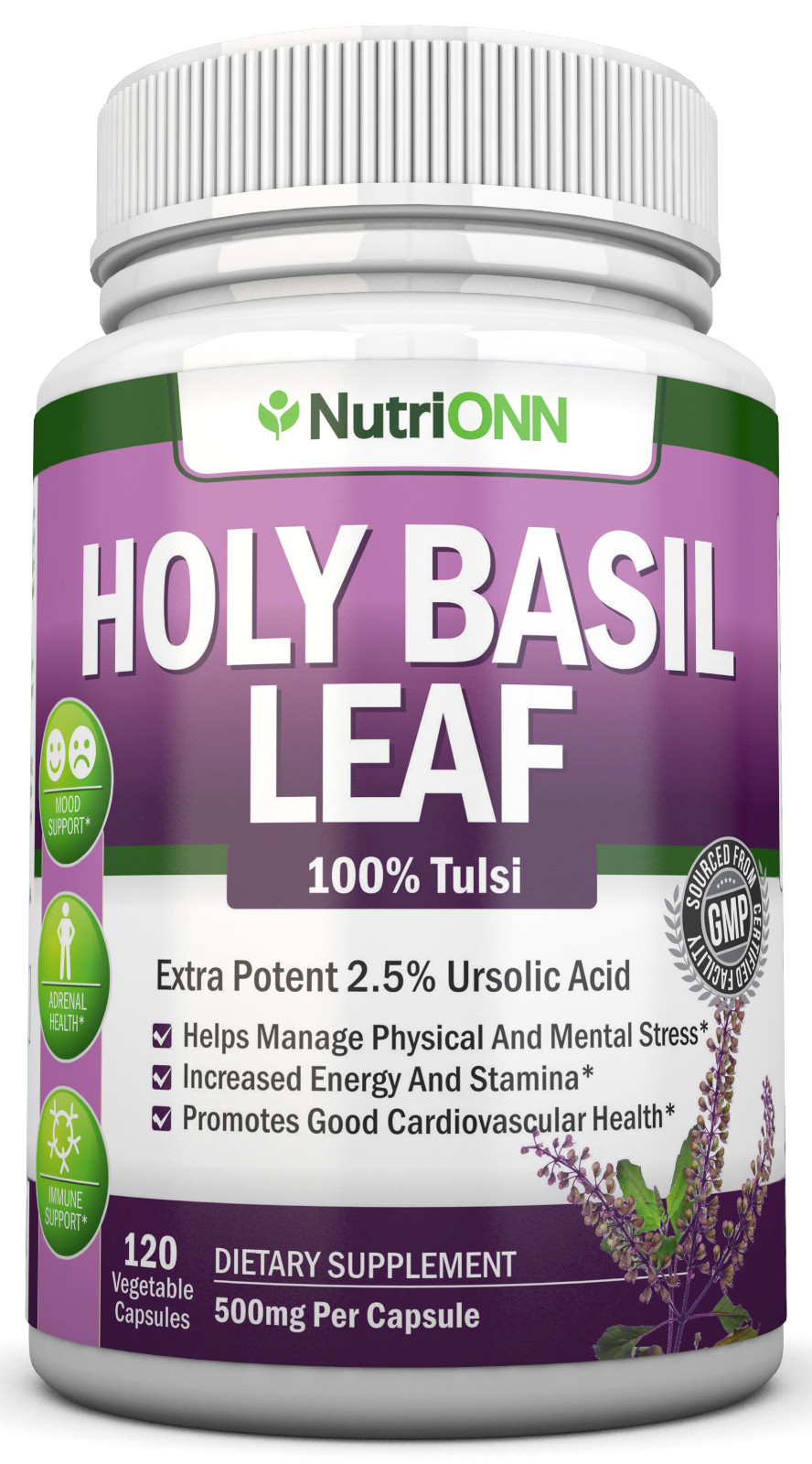 Holy Basil Leaf Extract – 500mg – 2.5% Ursolic Acid – 120 Vegan Capsules