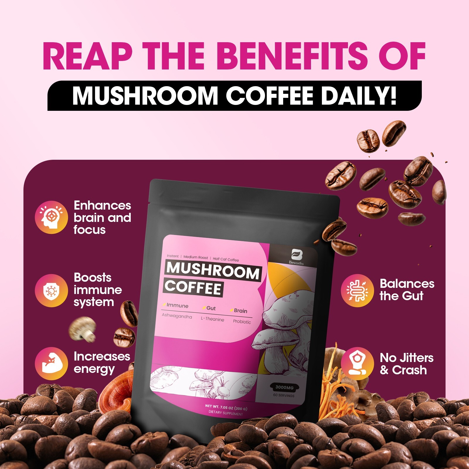Organic Mushroom Coffee with Lion’s Mane & Chaga – Instant Powder, 60 Servings