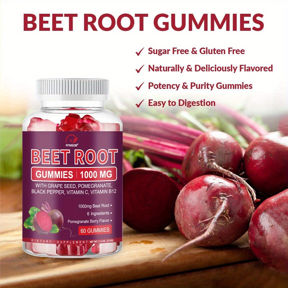 Vitamatic Beet Root Gummies 3000 mg Equivalent Per Serving – 60 Gummies