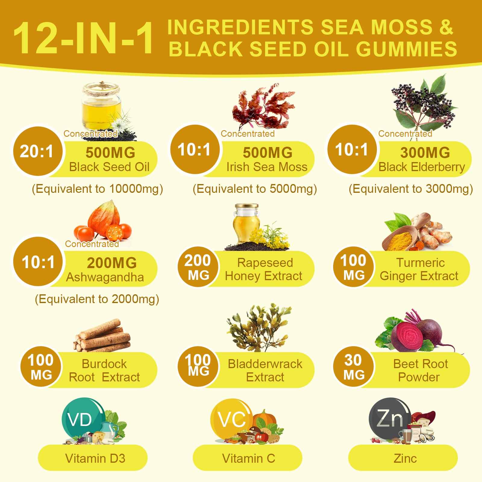 10 in 1 Organic Sea Moss Gummies Irishmoss Extract 1000MG w/Black Seed Oil