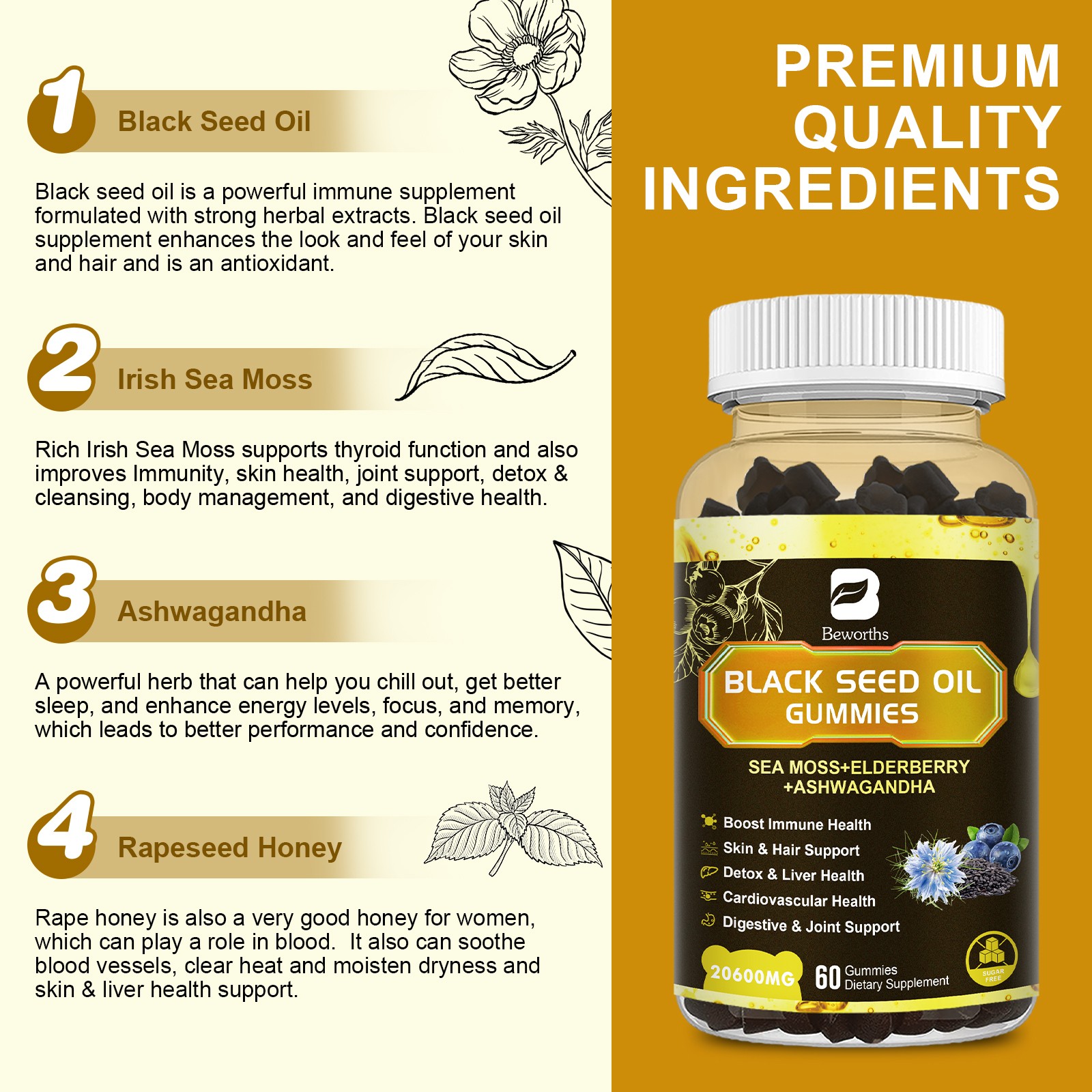 10 in 1 Organic Sea Moss Gummies Irishmoss Extract 1000MG w/Black Seed Oil