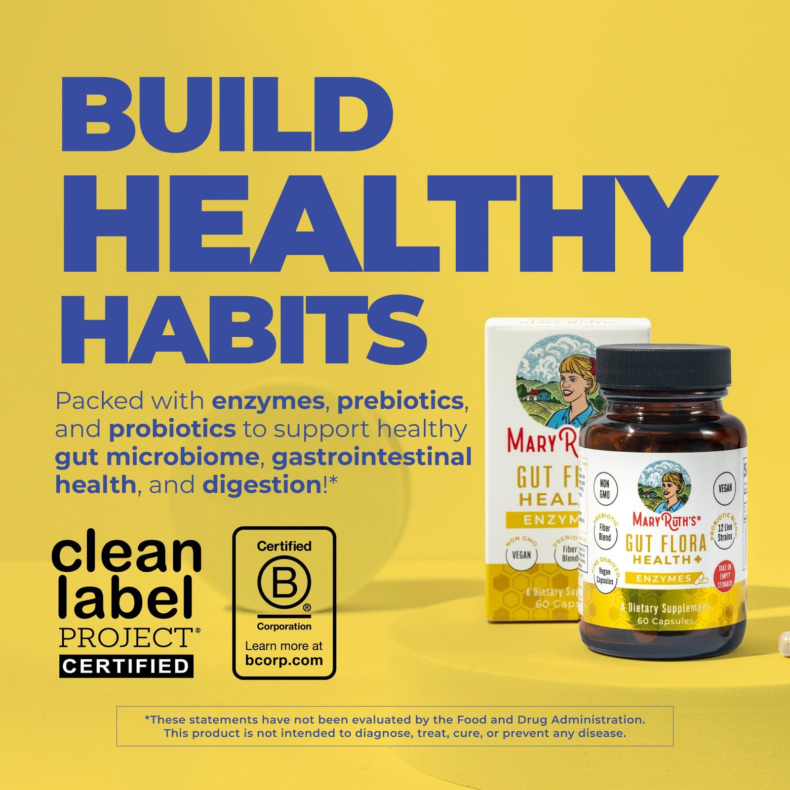 MARYRUTH’S Gut Flora Health+ Enzymes | Prebiotic & 60 Count (Pack of 1)