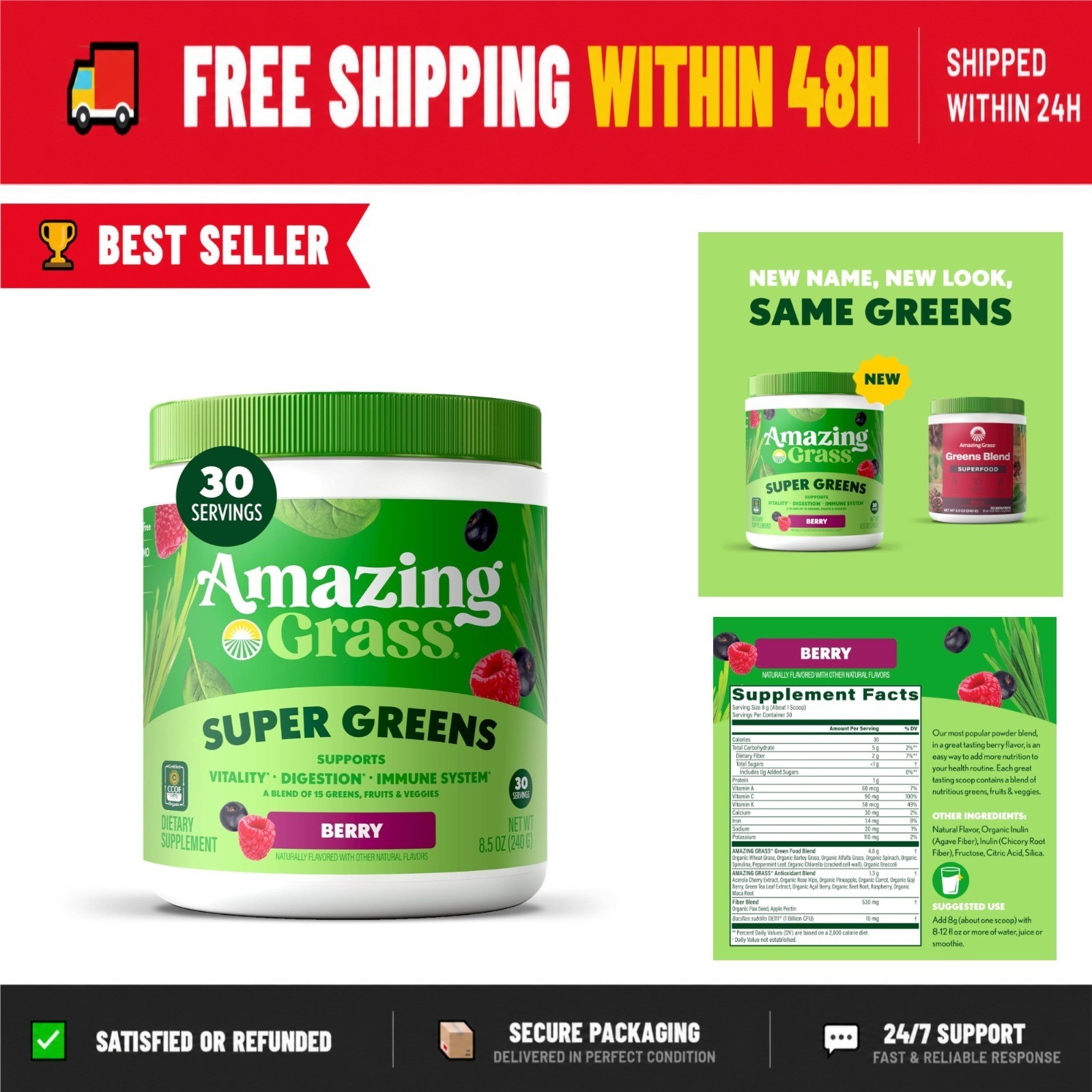 Amazing Grass Super Greens Powder – Organic Berry Flavor – 30 Servings