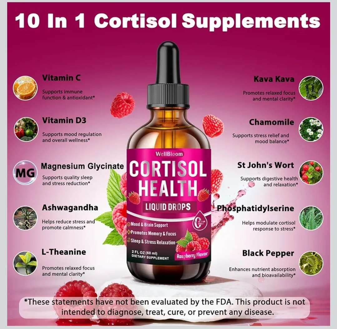 WellBloom Cortisol Liquid Drops Stress Sleep Support Raspberry 2 fl oz