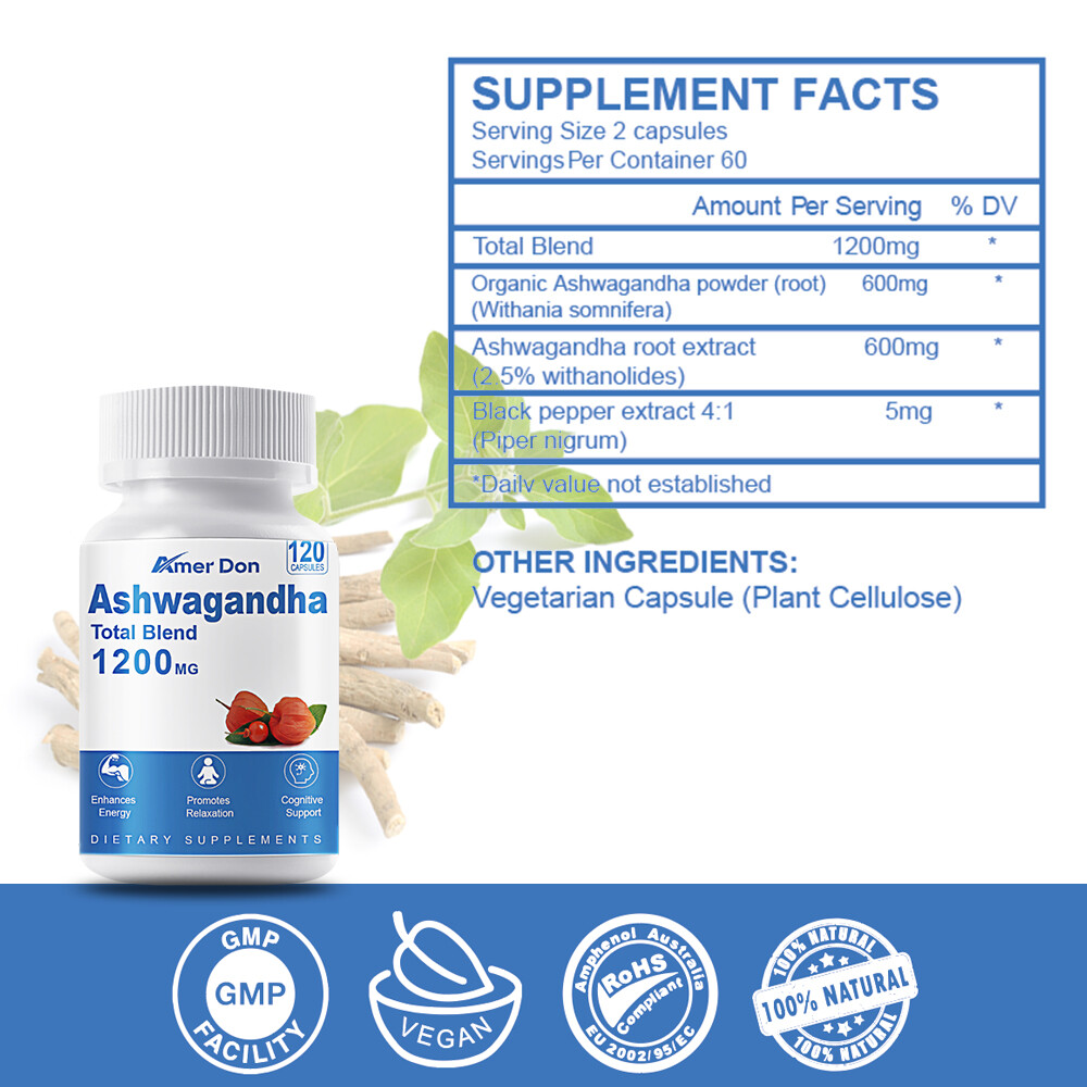 Ashwagandha Root Powder Extract Withania Somnifera 1200mg 120Caps Anxiety Relief