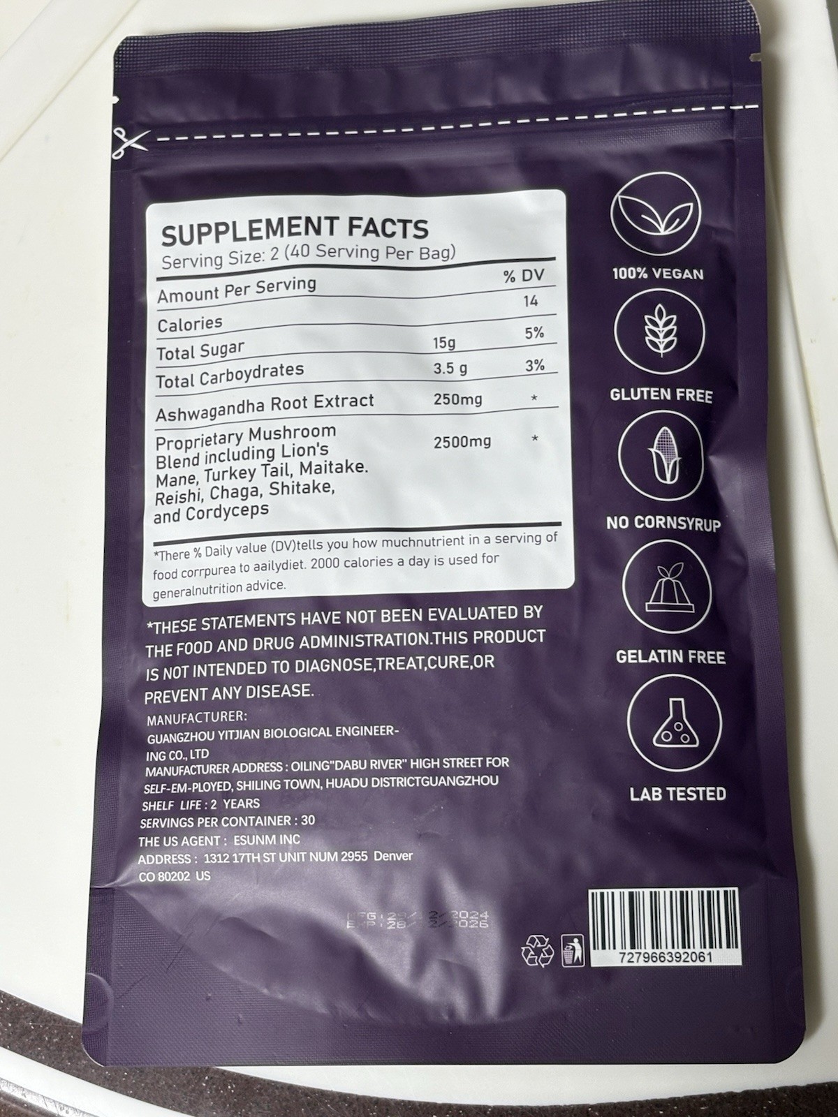 Esunm Mushroom Supplement Gummies Exp 12/26 Ashwagandha Approx 80 Count 2500MG