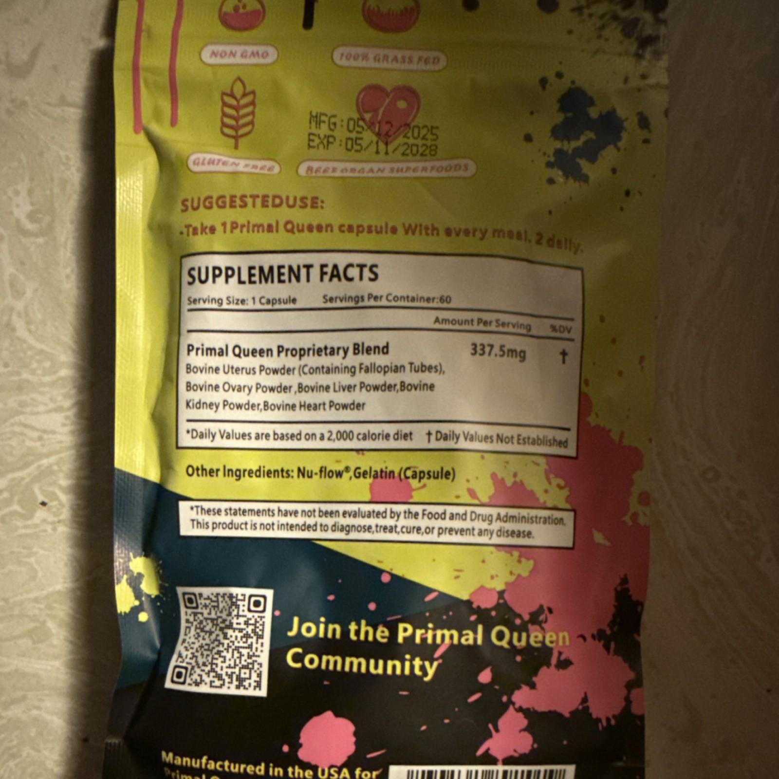 Primal Queen Beef Organ Capsules 60ct Non-GMO Gluten Free Grass Fed