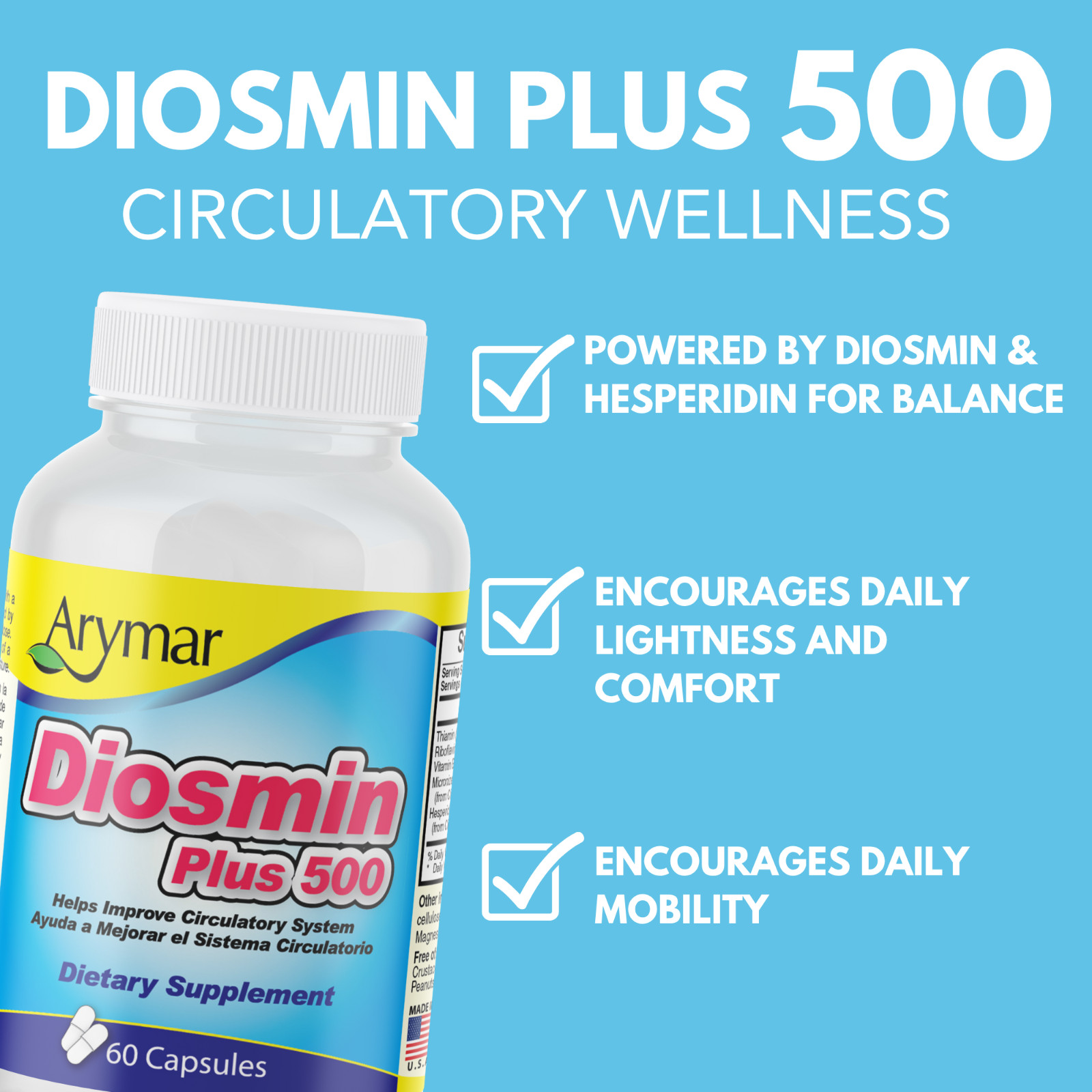 Arymar Diosmin Plus 500 with Hesperidin & B Vitamins – 60 Capsules (2-Pack)