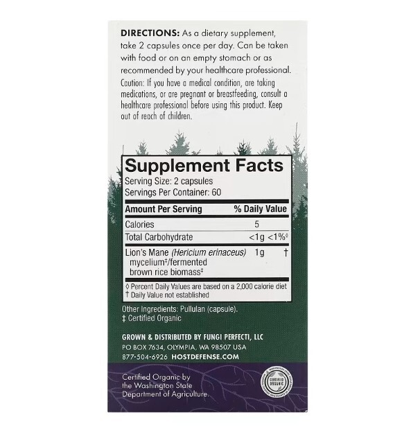 Host Defense, Mushrooms, Lion’s Mane, 120 Capsules (organic mushroom mycelium)