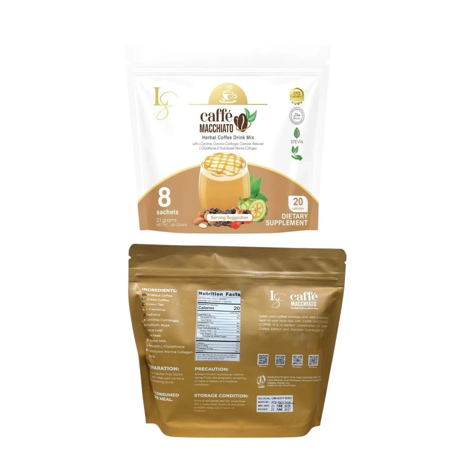 Luxe Slim Caffe MACCHIATO With Collagen & L-Glutathione, 8 Sachets/ 168g
