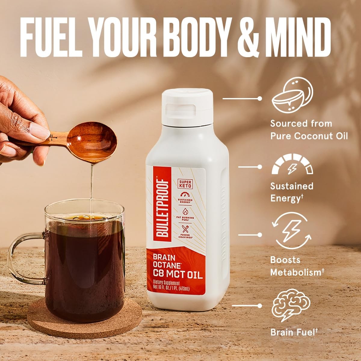 Brain Octane Premium C8 MCT Oil from Non-GMO Coconuts, 14g MCTs, 16 Fl Oz,