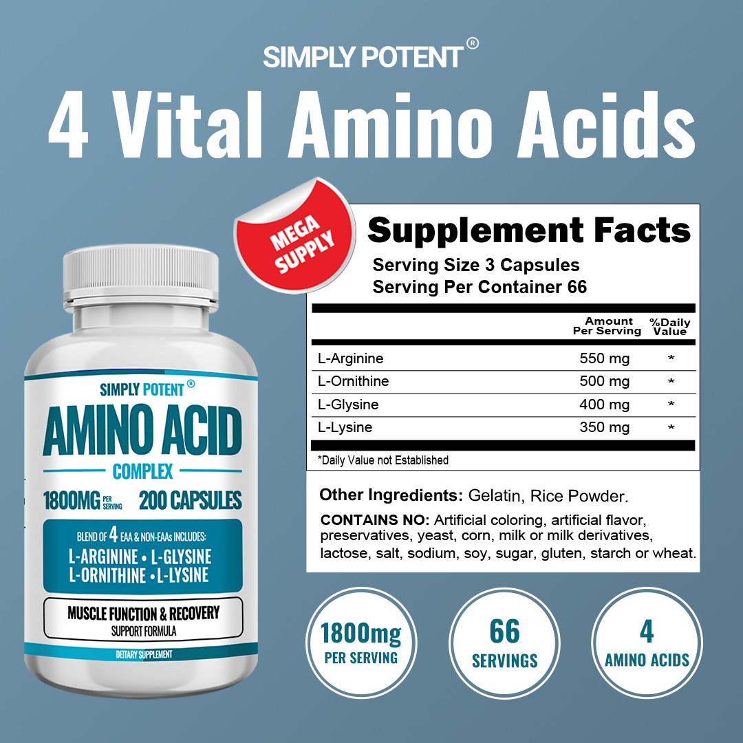 Amino Acid Complex 1800mg 200 Capsules, L-Arginine L-Glysine L-Lysine L-Ornithin