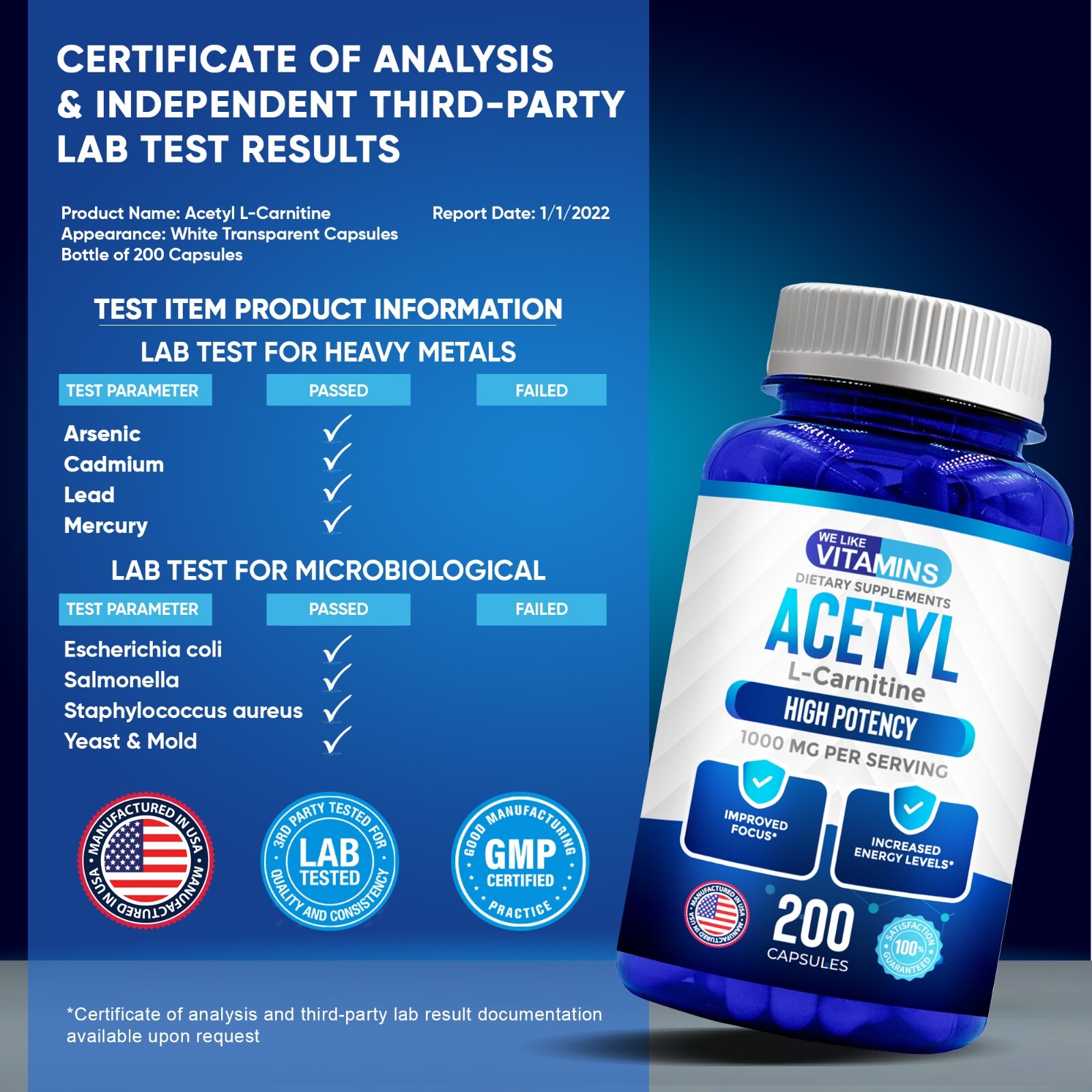 Acetyl L-Carnitine 1000mg Capsules – 200 We Like Vitamins