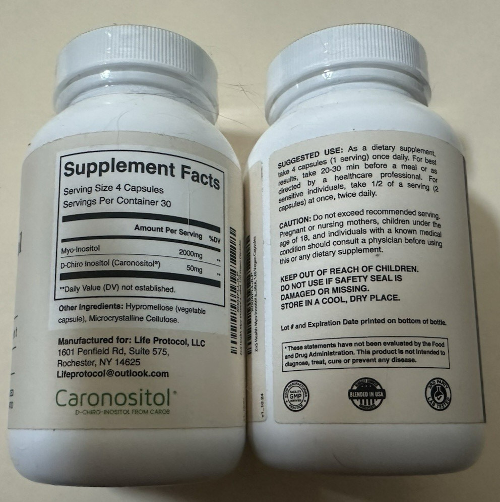 Lot of 2 ZnS Health Myo-Inositol & D-Chiro Inositol – 120 caps ea – 01/2027